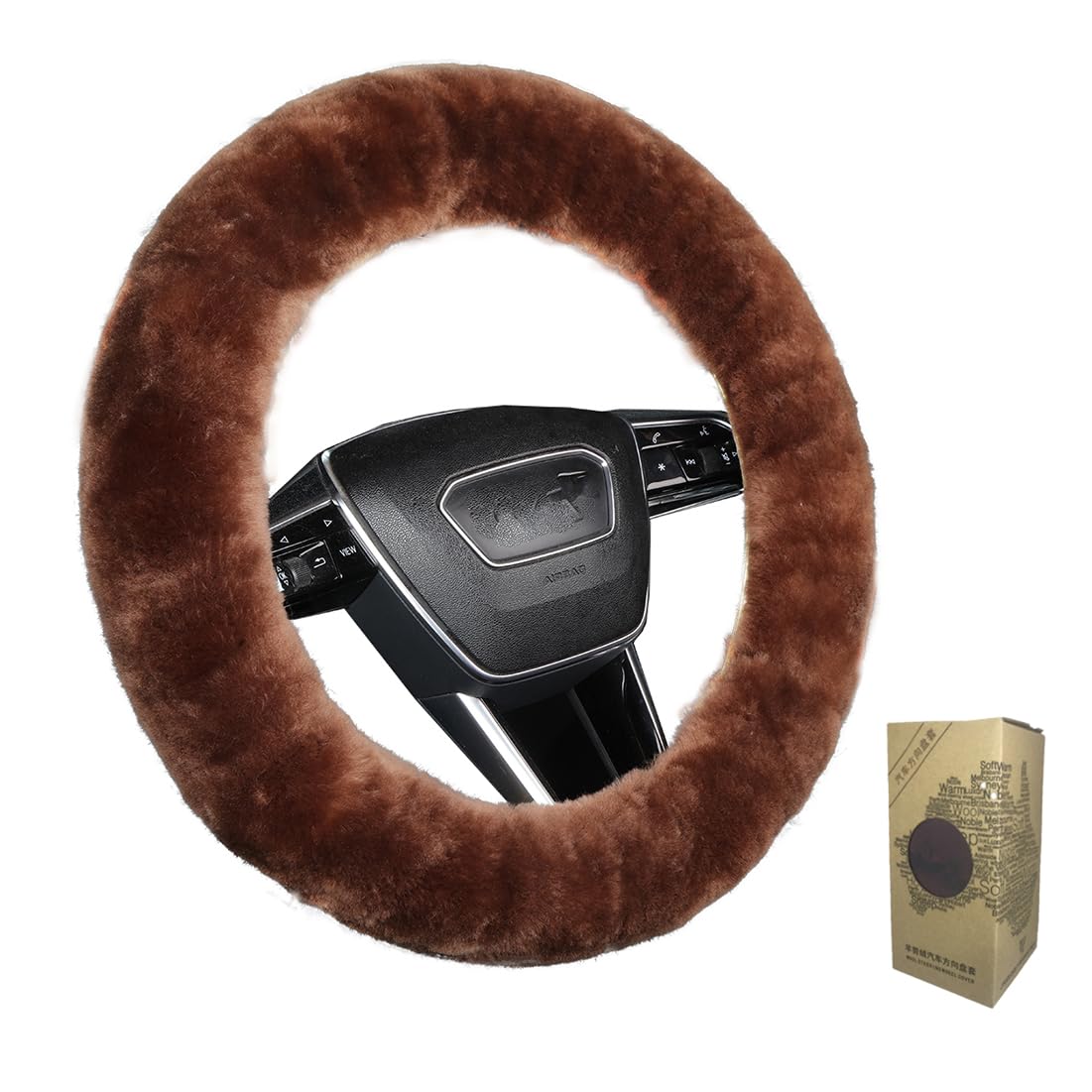 Soft Fluffy Sheepskin Car Steering Wheel Cover For Universal Auto Vehicle Women Man 14 1/2 Inch-15 1/2Inch Fuzzy Accessories (Sa