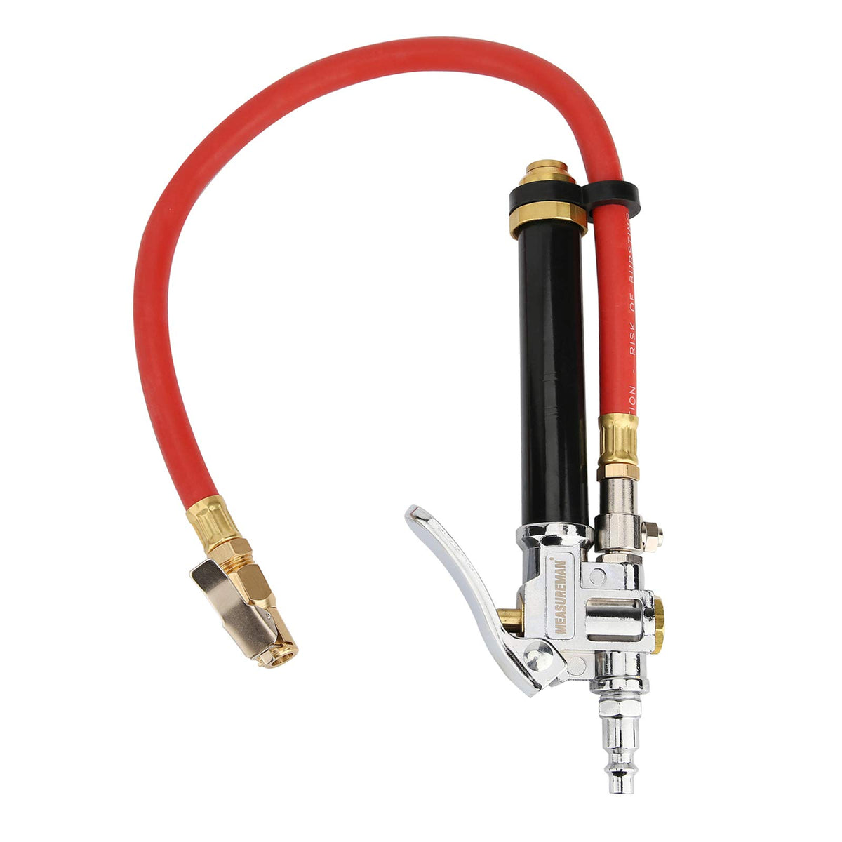Measureman Heavy Duty Bayonet Style Tire Inflator, Aluminum Body, 20'' Red Hose, Clip On Air Chuck, Aluminum Slide, Range 10-130