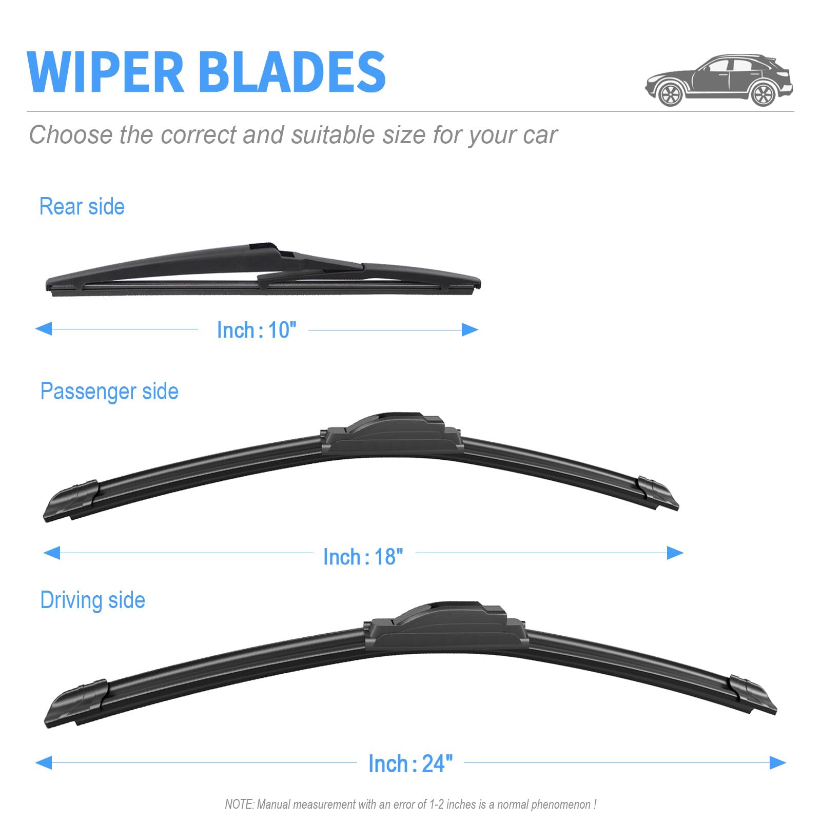 Gavimnal 24''+18''+10'' Silicone Wiper Blades Replacement For Jeep Compass 2018-2023,All-Season Front Rear Windshield Wiper Blad