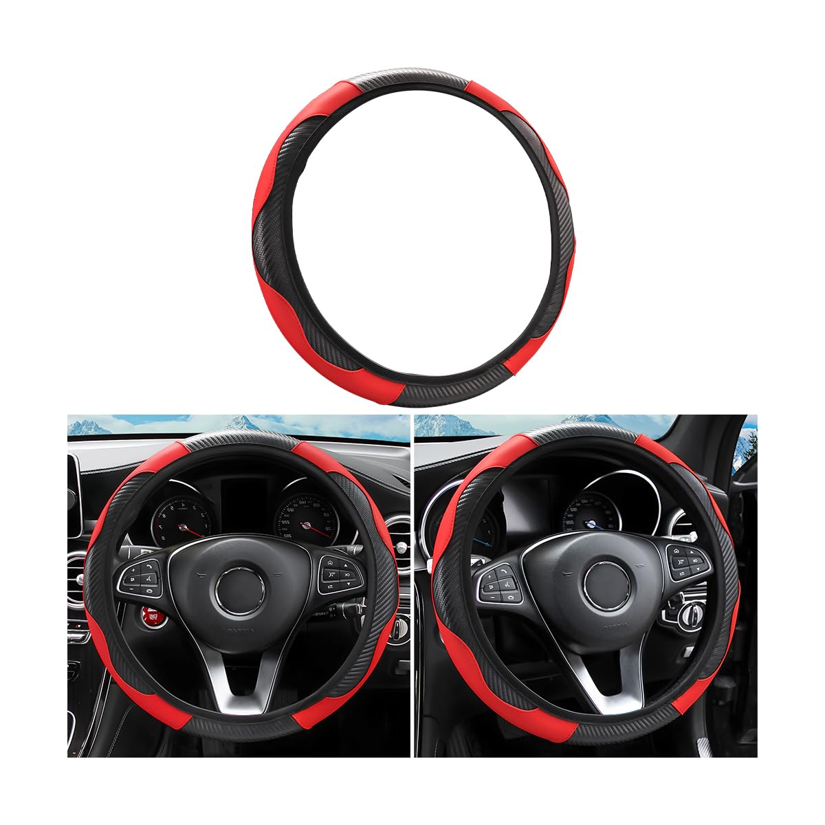 Car Steering Wheel Cover, Microfiber Pu Leather Elastic Carbon Fiber Auto Steering Wheel Protector, 15 Inch Breathable Anti-Slip For Women Men, Car Interior Accessories For Most Cars (Black/Red)