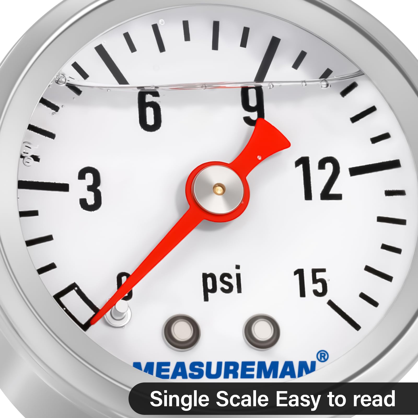 Measureman 1-1/2'' Dial Size, Glycerin Filled Fuel Pressure Gauge, 304 Stainless Steel Case, 0-15Psi, 3-2-3%, 1/8'' Npt Back Mou