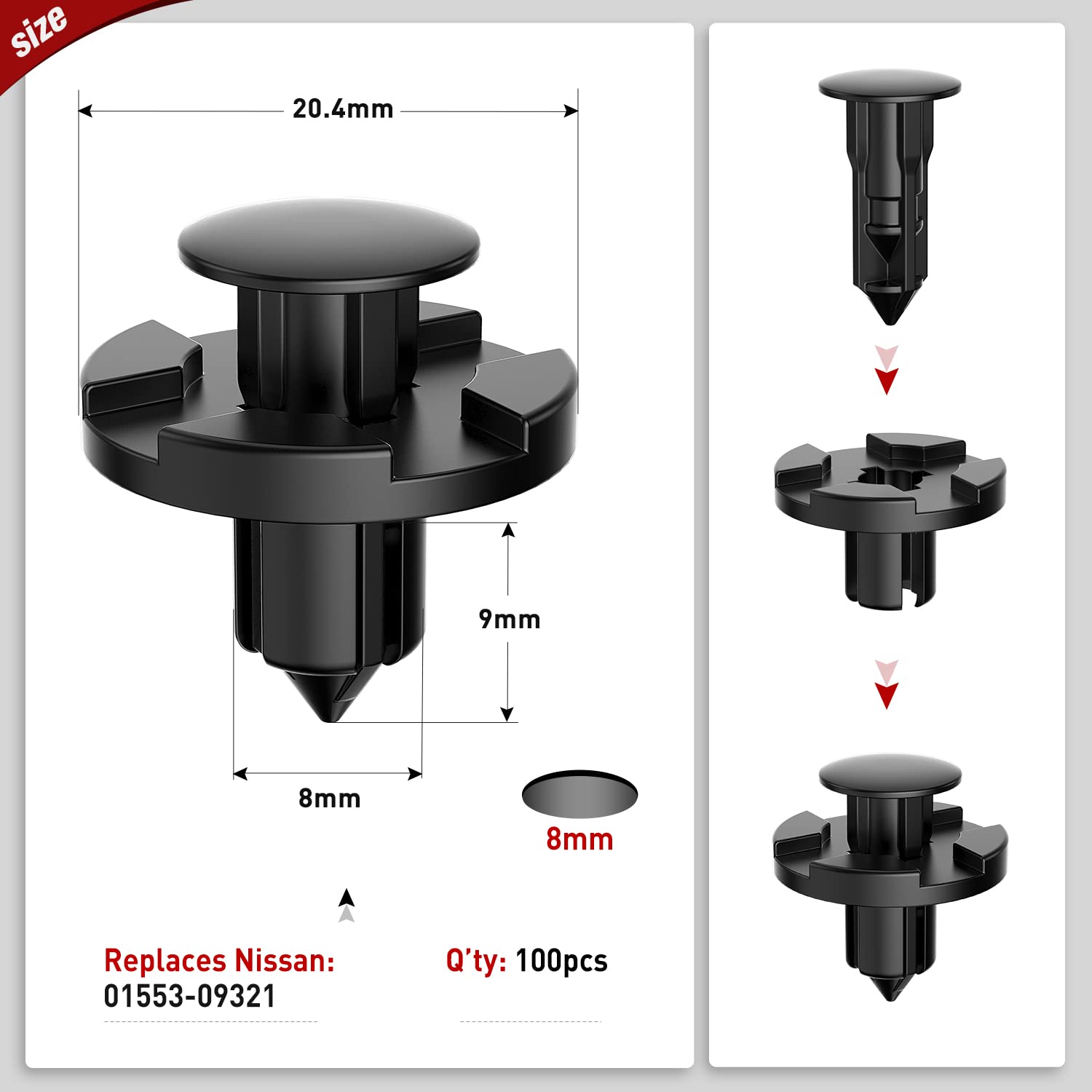 Nilight 100Pcs Nylon Bumper Rivet Fender Clips Oem Replaces Nissan: 01553-093210 8Mm,1Pc Bonus Fastener Remover