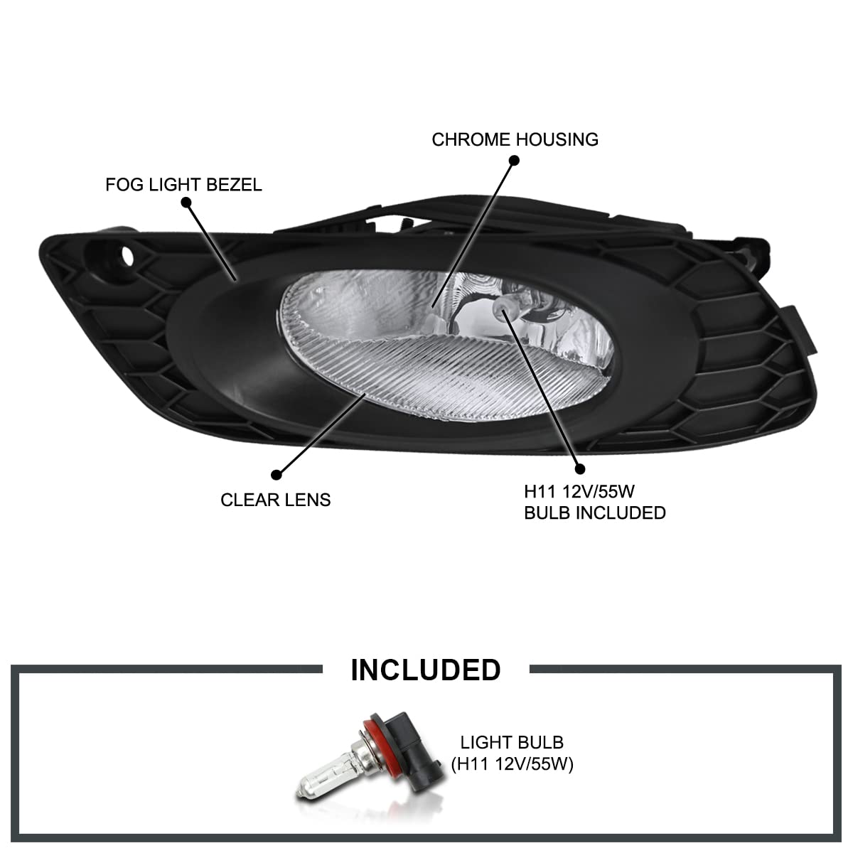 Spec-D Tuning Chrome Housing Clear Lens Fog Lights + H11 Bulbs + Switch Included Compatible with Honda Civic Sedan 4Dr 2012 L+R
