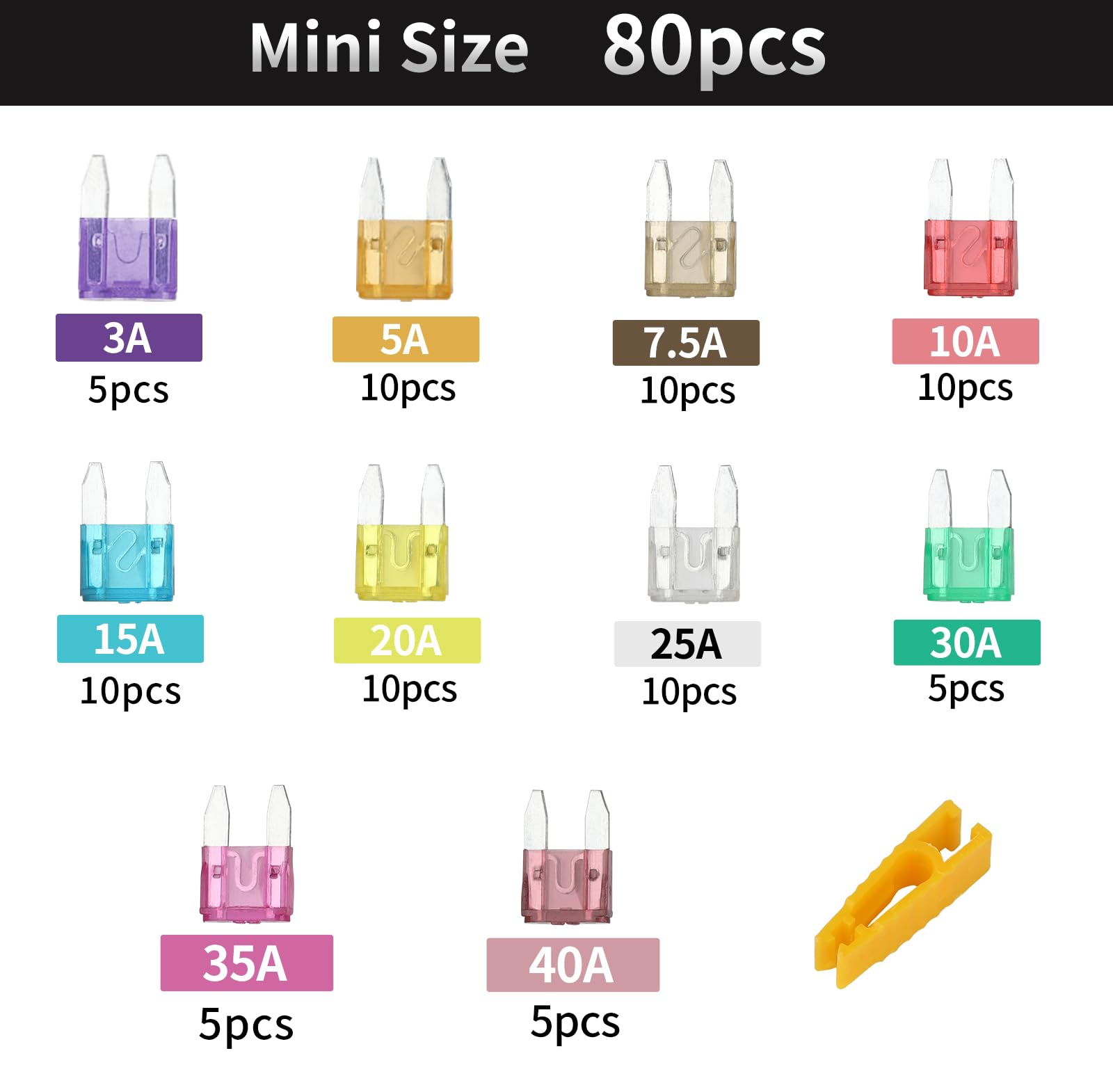 Xjlsgxusg 80 Pcs Mini Fuses Kit, Blade Fuse Assortment Kit(3A/5A/7.5A/10A/15A/20A/25A/30A/35A/40A) (With Puller Tool) For Car, M