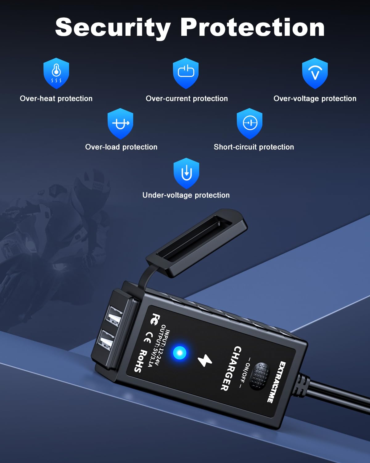 Extractme Motorcycle Phone Charger, 3.1 Amp Motorcycle Dual Usb Charger With On/Off Switch & Led Light, Waterproof Atv/Motorcycle Accessories For Phone, Tablet, Gps, Etc