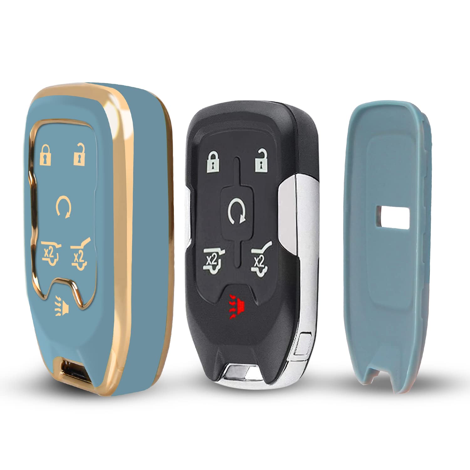 Qbuc For Gmc 360°Protector Key Fob Cover With Keychain For 2019-2021 Chevrolet Chevy Silverado And Gmc Sierra 1500 2500Hd 3500Hd Terrain Acadia Yukon 3/4/5/6 Button Smart Key(Blue)