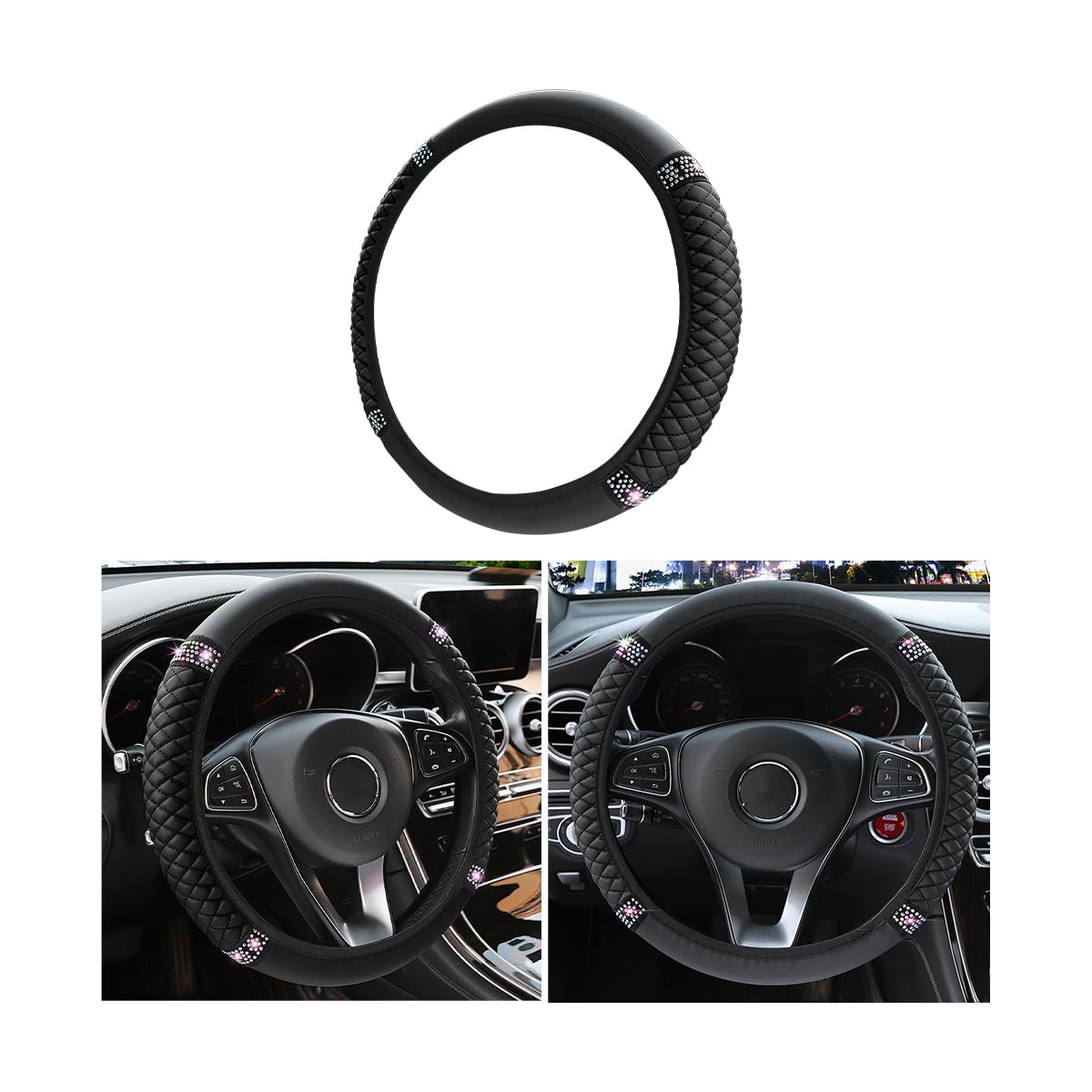 Bling Soft Leather Steering Wheel Cover Protector, 15 Inch Colorful Rhinestones Auto Elastic, Sparkly Crystal Diamond For Women