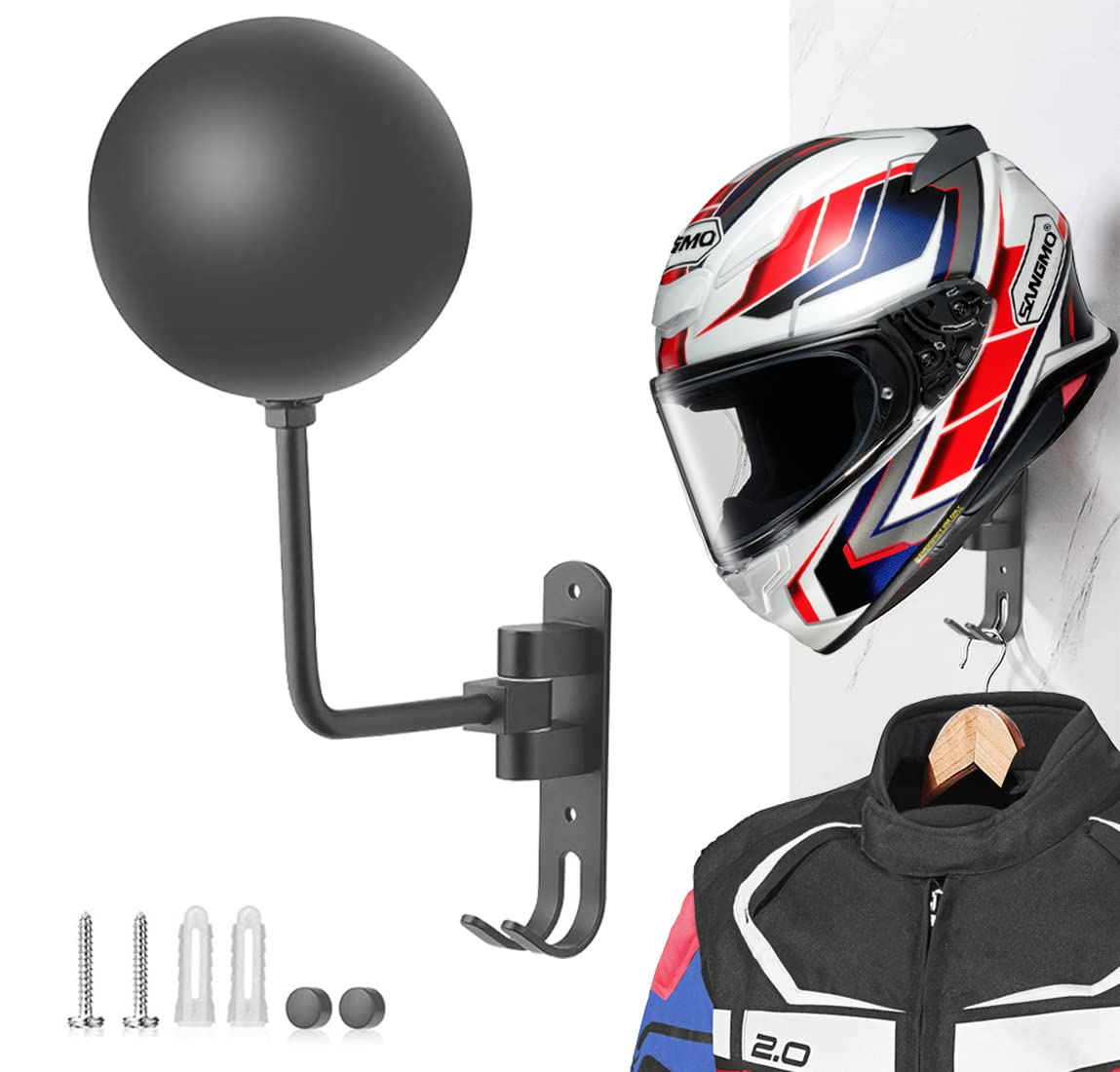 Sangmo Grey 180 Motorcycle Helmet Rack, Rotation Metal Helmet Holder Wall Mount, Helmet Holder Bike With 2 Hooks Helmet Hanger F