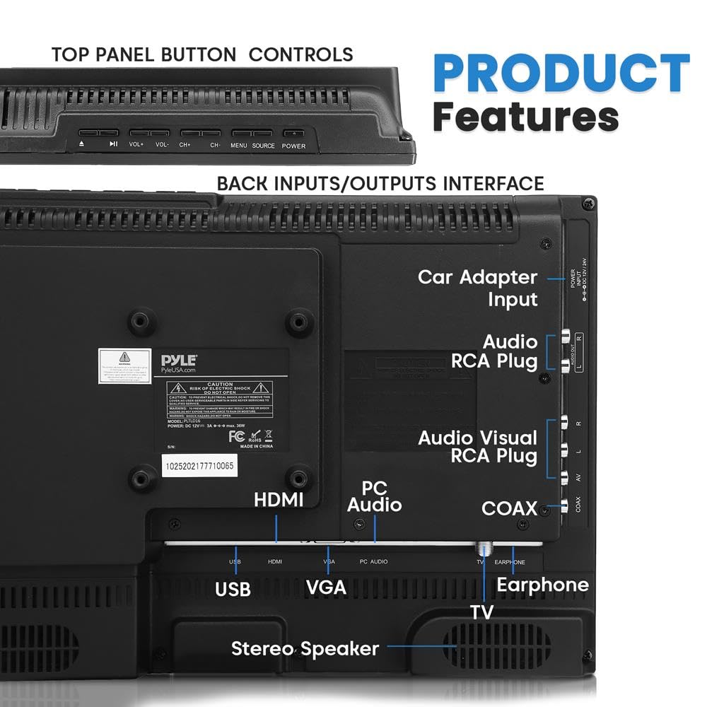 PYLE 15.6 1080p LED RV Television - Flat Screen Monitor FHD TV w/HDMI, RCA, Multimedia Disk Combo, 12V/24V Car Adapter, Full R
