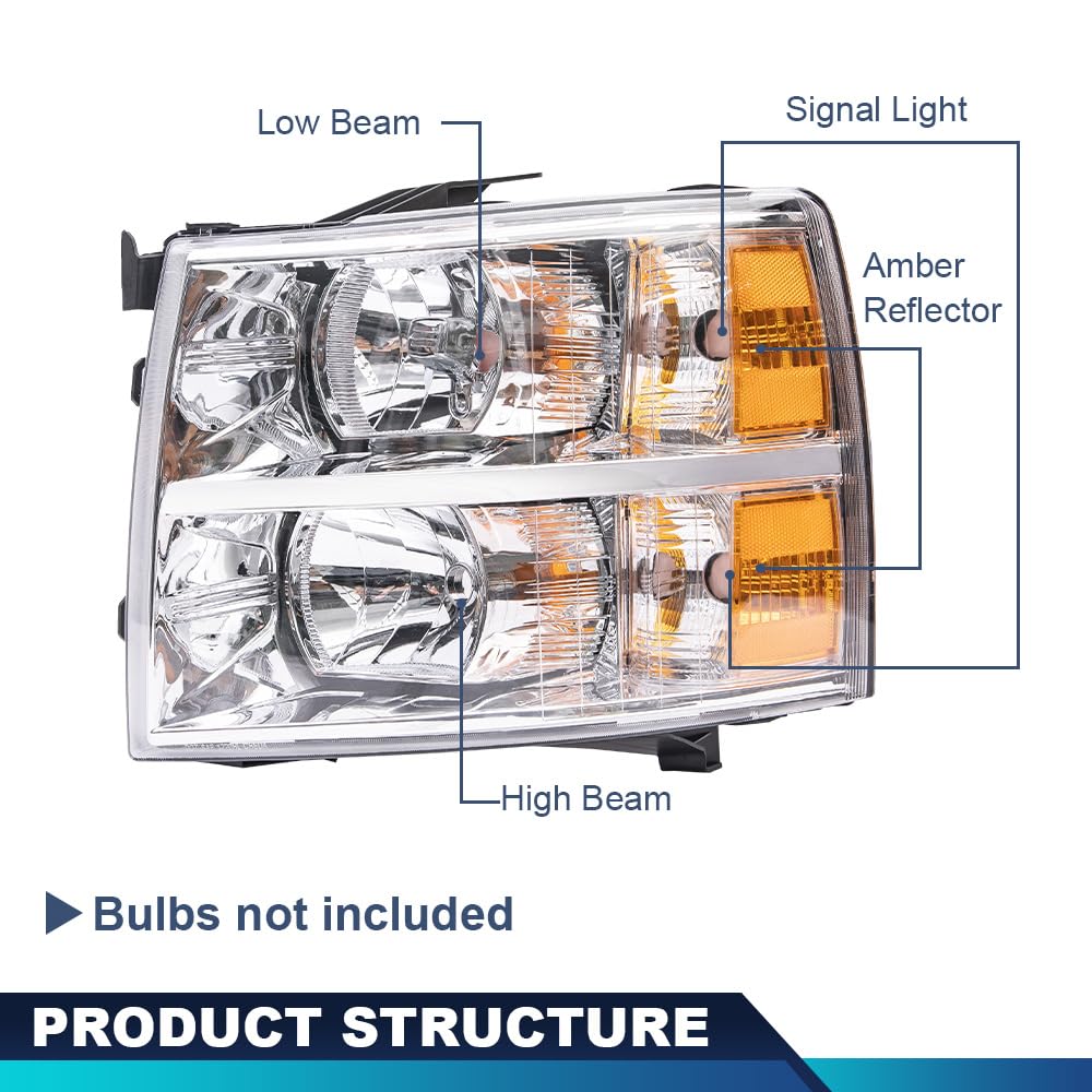 Pit66 Headlights Assembly Pair Compatible With Chevy Silverado 1500 2007-2013/Silverado 2500 3500 & Hd 2007-2014 Clear Lens Chro