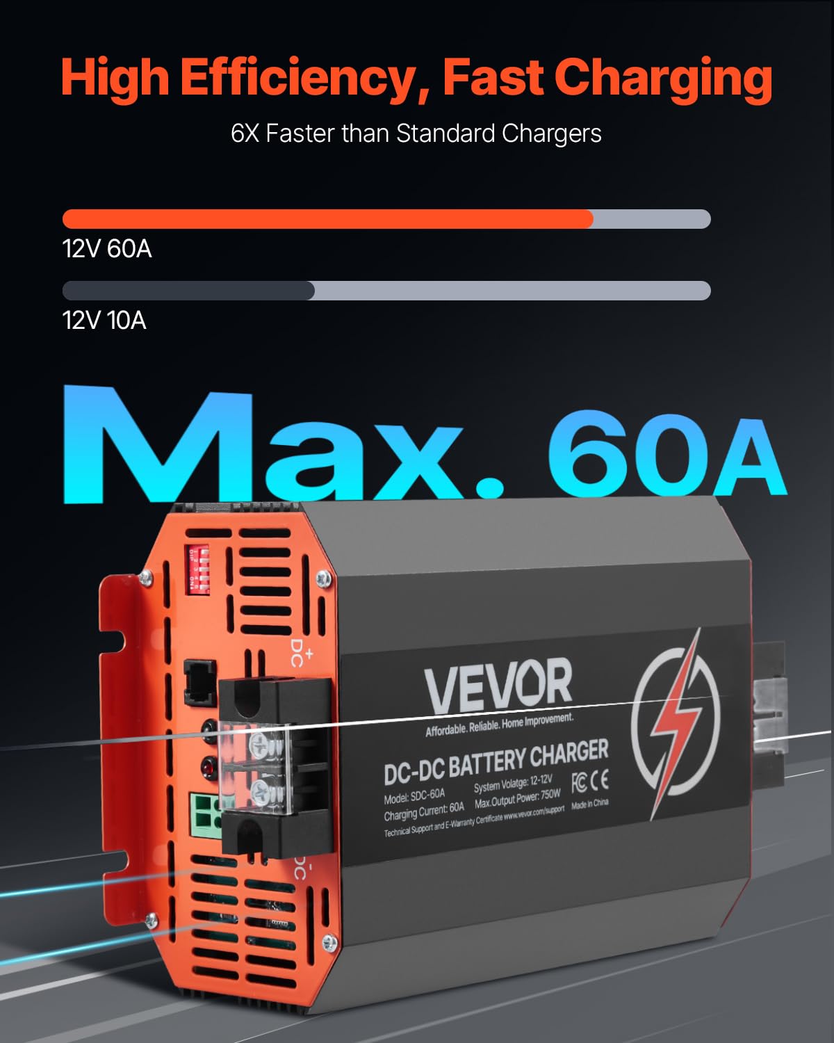 VEVOR 12V 60A DC to DC Battery Charger, 750W, On-Board Battery Charger for Lead-Acid, Lithium, AGM, Gel, and Flooded Batteries,