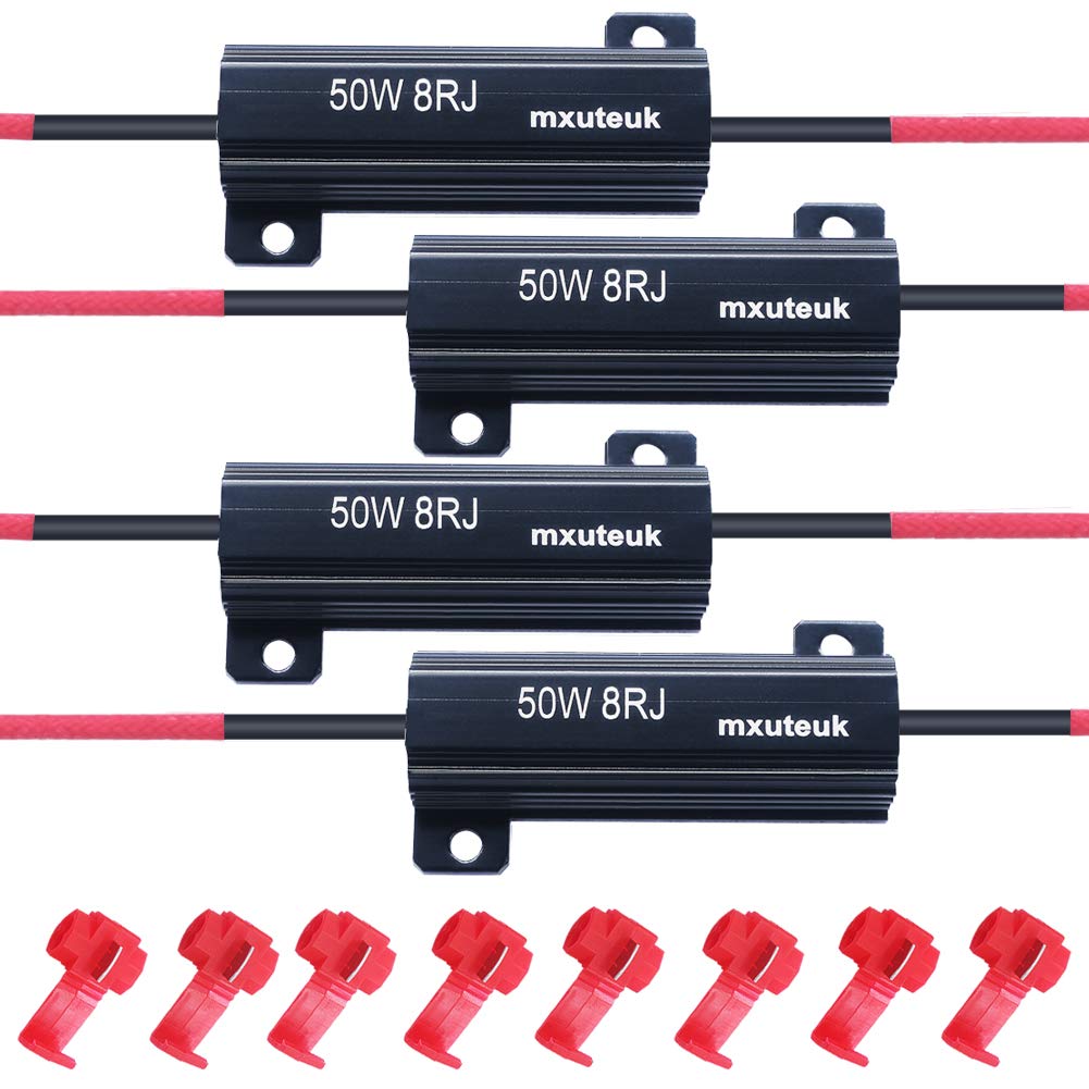 Mxuteuk 4Pcs Led Resistor Car Load Resistors 50W 8Ohm For Fix Led Bulb Fast Hyper Flash Led Turn Signal Lights, Fix Error Flash Controller, With 8Pcs Quick Wire Clip 50W-8Rj-4