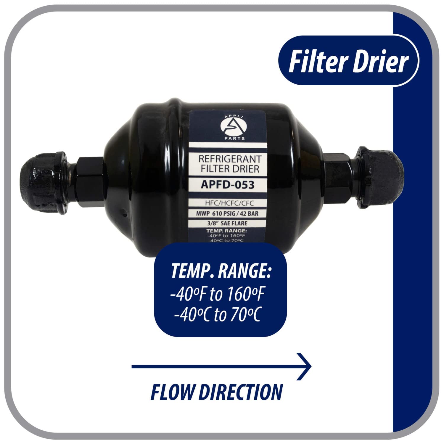 Appli Parts Apfd-053 3/8 In Liquid Line Refrigerant Ac Filter Drier Hvac Refrigeration 053 Sae Flare Connection Universal Unidir