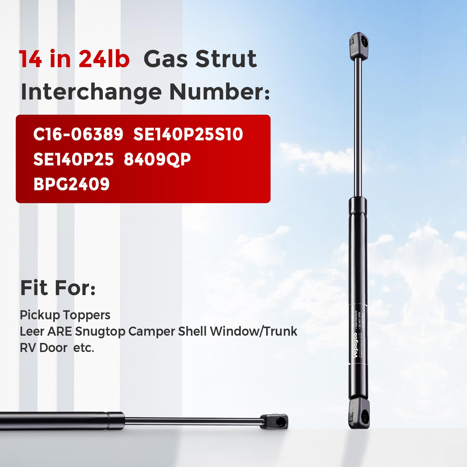 C16-06389 14 Inch 24Lbs/108N Gas Shocks Struts Lift Support For Leer Camper Shell Truck Topper Rear Window, Pickup Toolbox Lid Door, Set Of 2 Vepagoo.