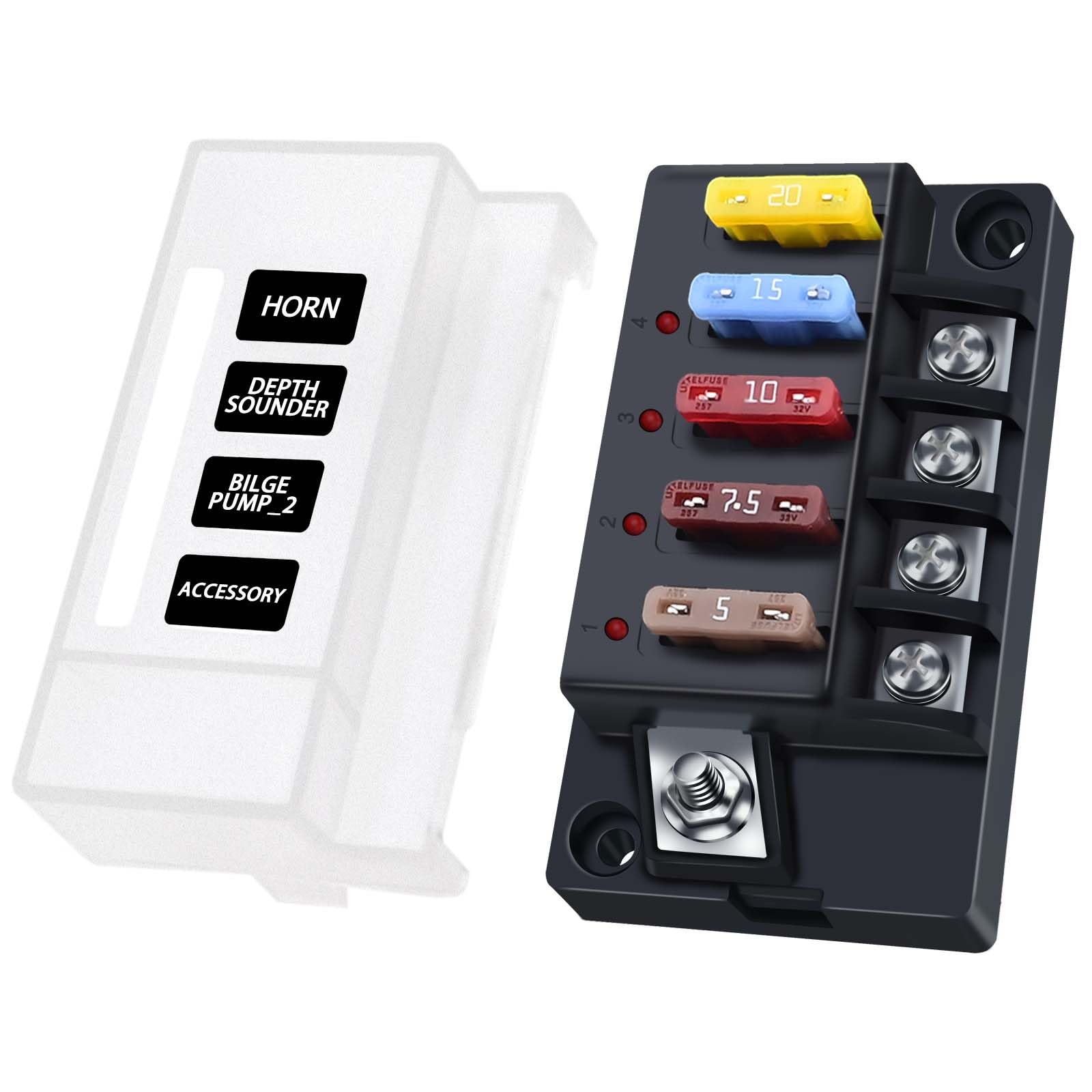 YEZriler 12V Fuse Block, 4 Circuits Waterproof Marine Fuse Panel Relay Box Kit with LED Indicator Damp-Proof Cover, 12 Volt Fuse