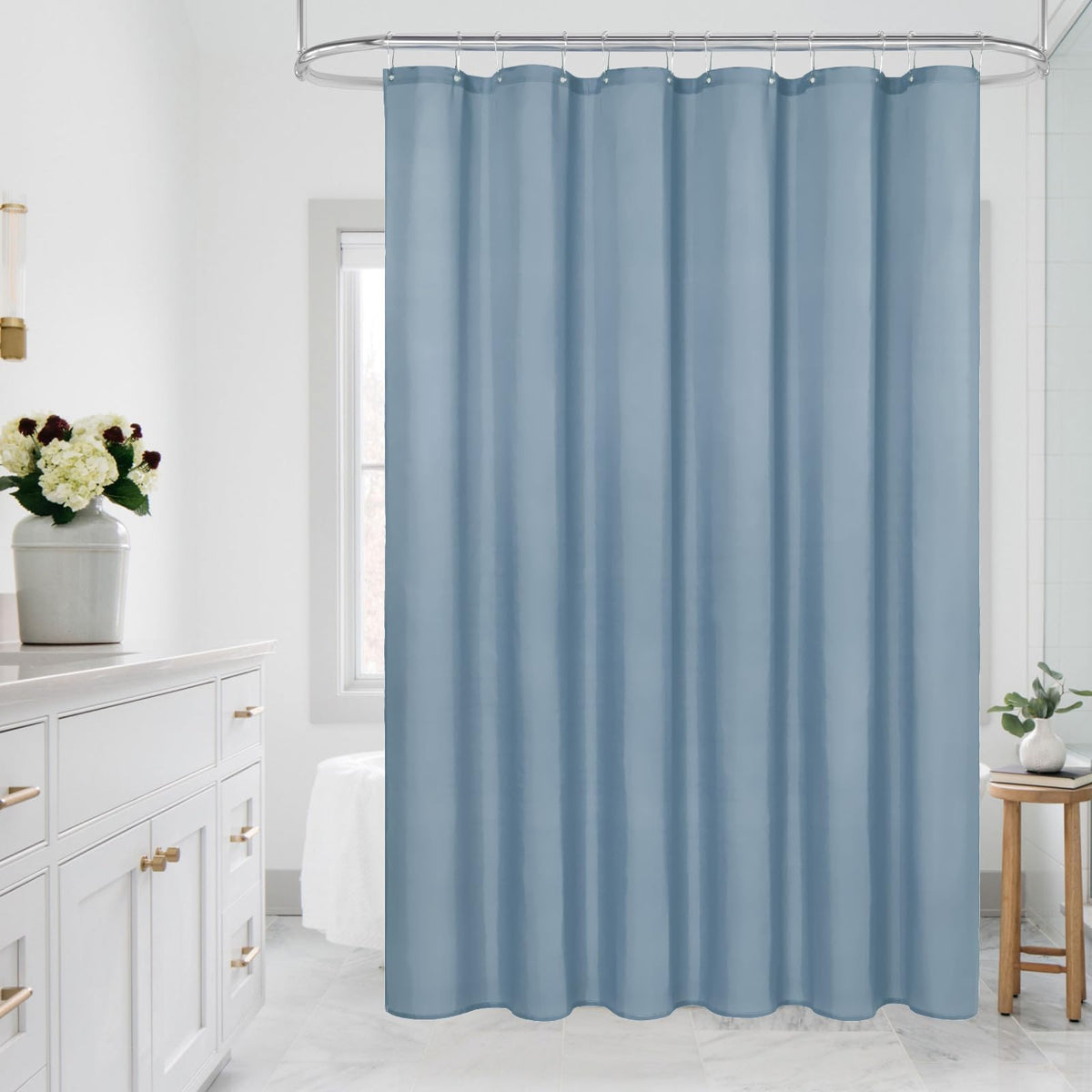 Mitovilla Blue Extra Long Shower Curtain Liner - 72 X 84 Inches, Light Blue Shower Liner Fabric With Plastic Hooks, Waterproof Bath Curtain Liner Polyester Soft Lightweight, Washable