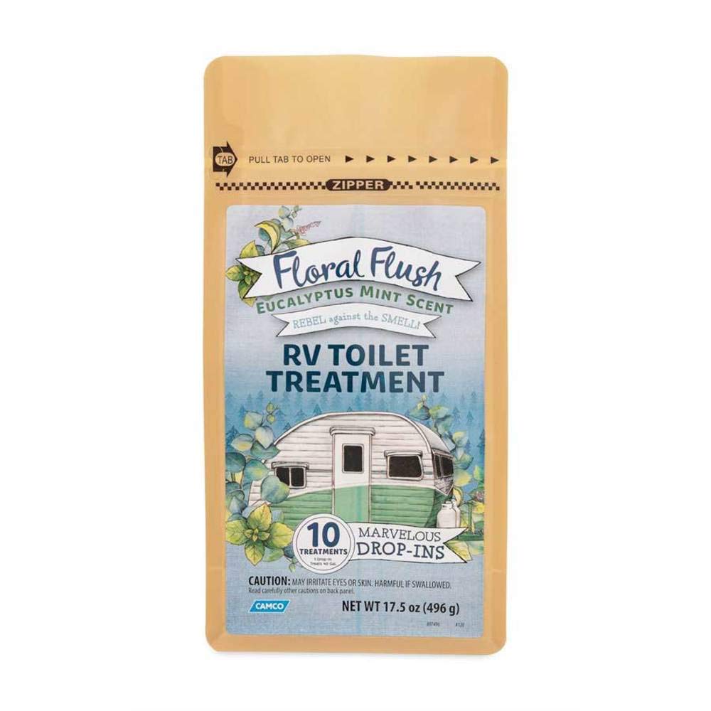 Camco 41492 Floral Flush Rv Toilet Treatment Drop-Ins, Eucalyptus Mint Scent - Eliminates Odors And Breaks Down Waste - One Drop-In Treats Up To A 40-Gallon Tank - (10) Drop-Ins Per Bag