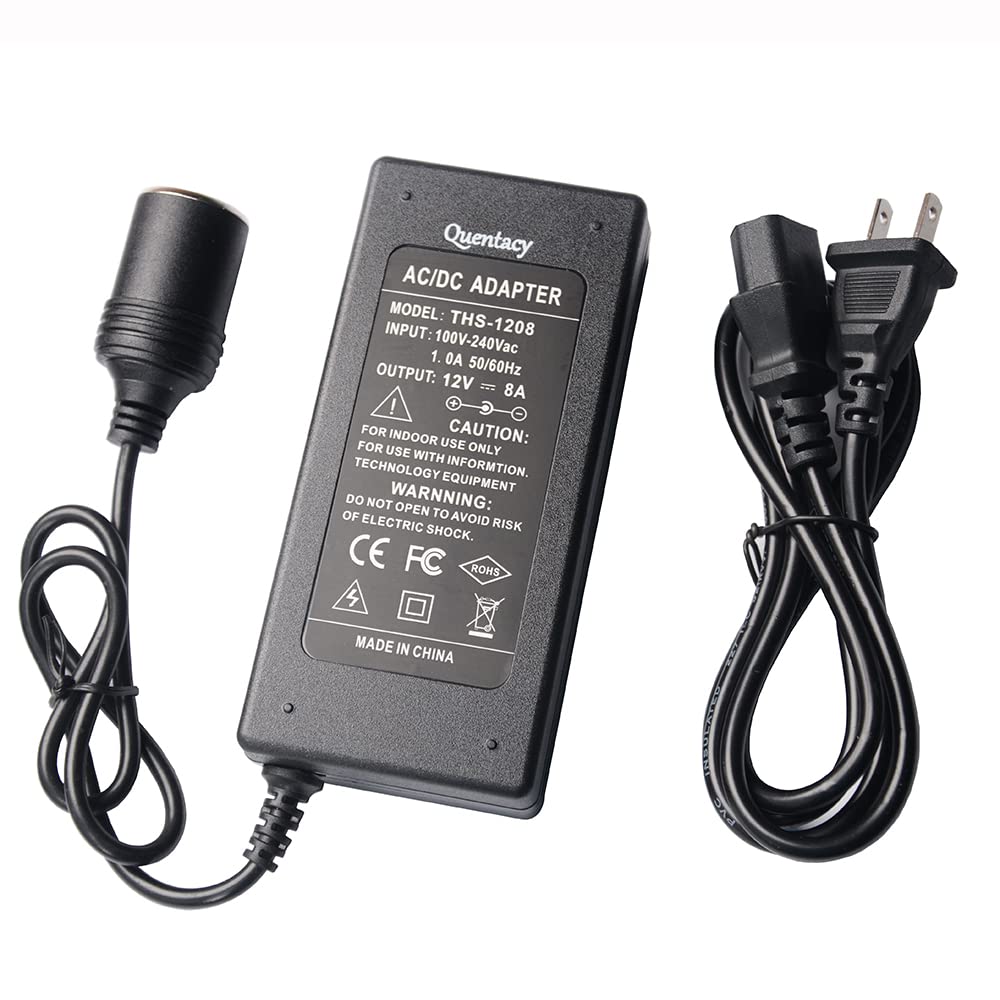 Quentacy AC to DC Converter 110V-220V to 12V 8A Cigarette Lighter Outlet Socket Wall Plug 96W Power Charger - Black
