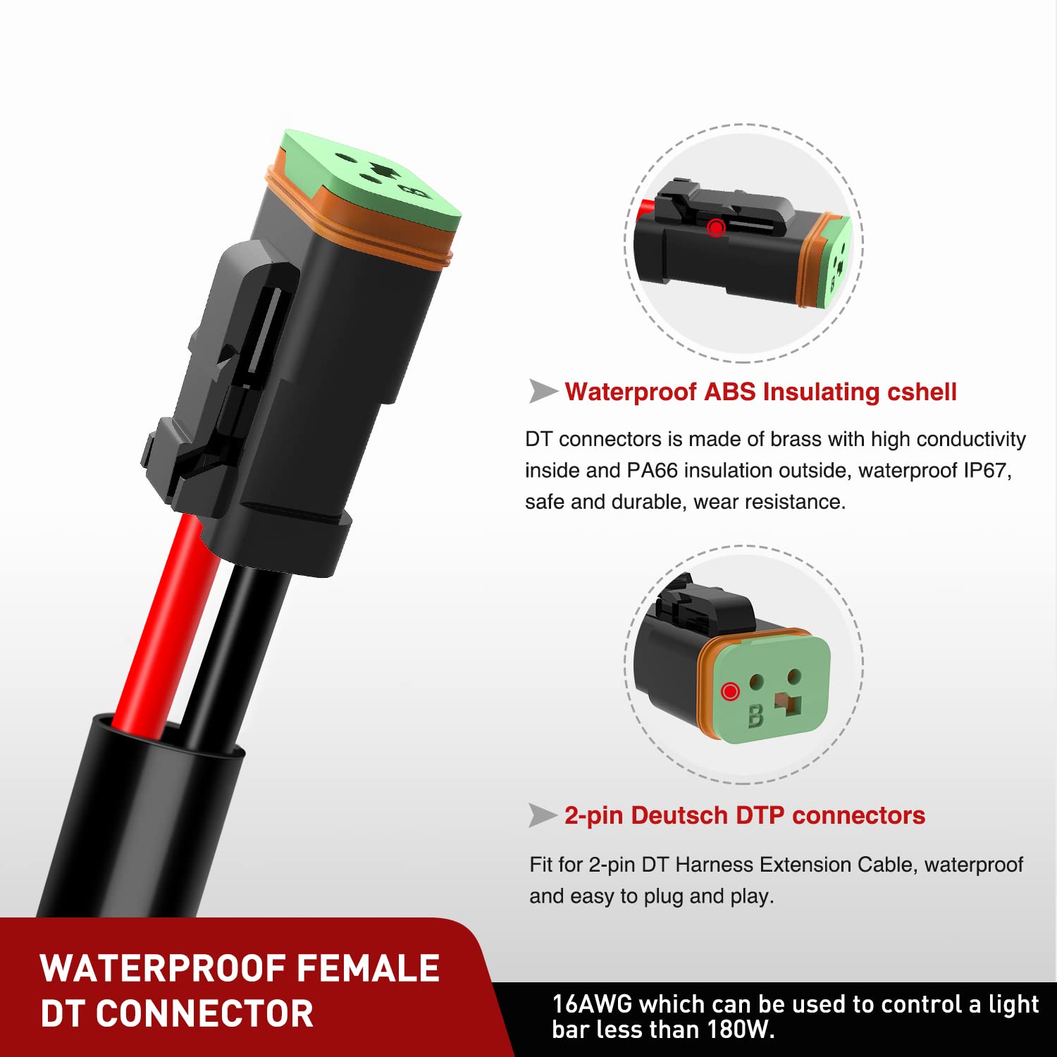 Nilight 2PCS 16AWG 10FT Wiring Harness Extension Kit, 2-Pin DT Connector for Offroad LED Light Bar, Work Light, Fog Light