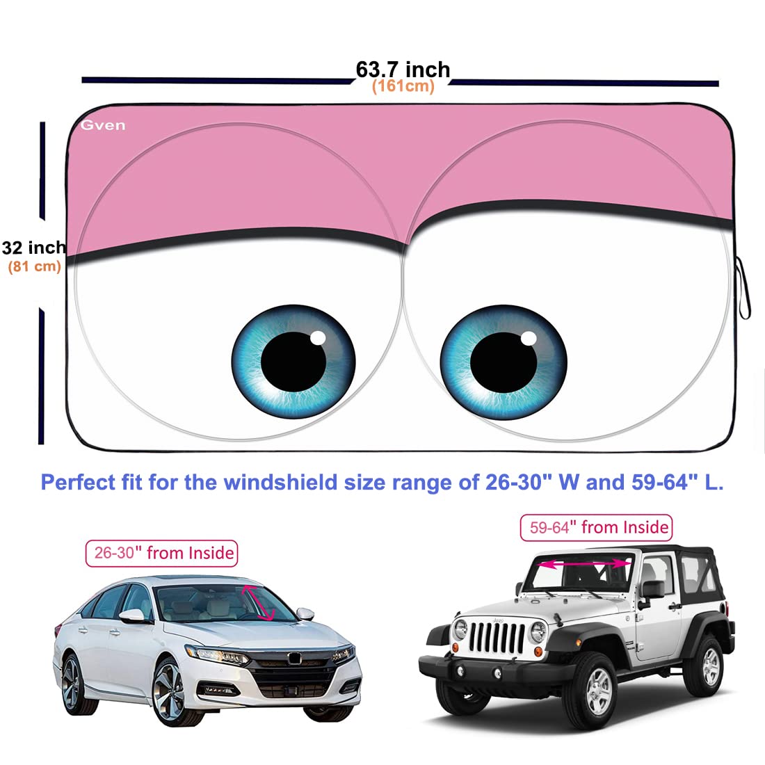 Gven Windshield Shade - Funny Car Eyes Sunshade, UV Blocker, Large Size, Pink