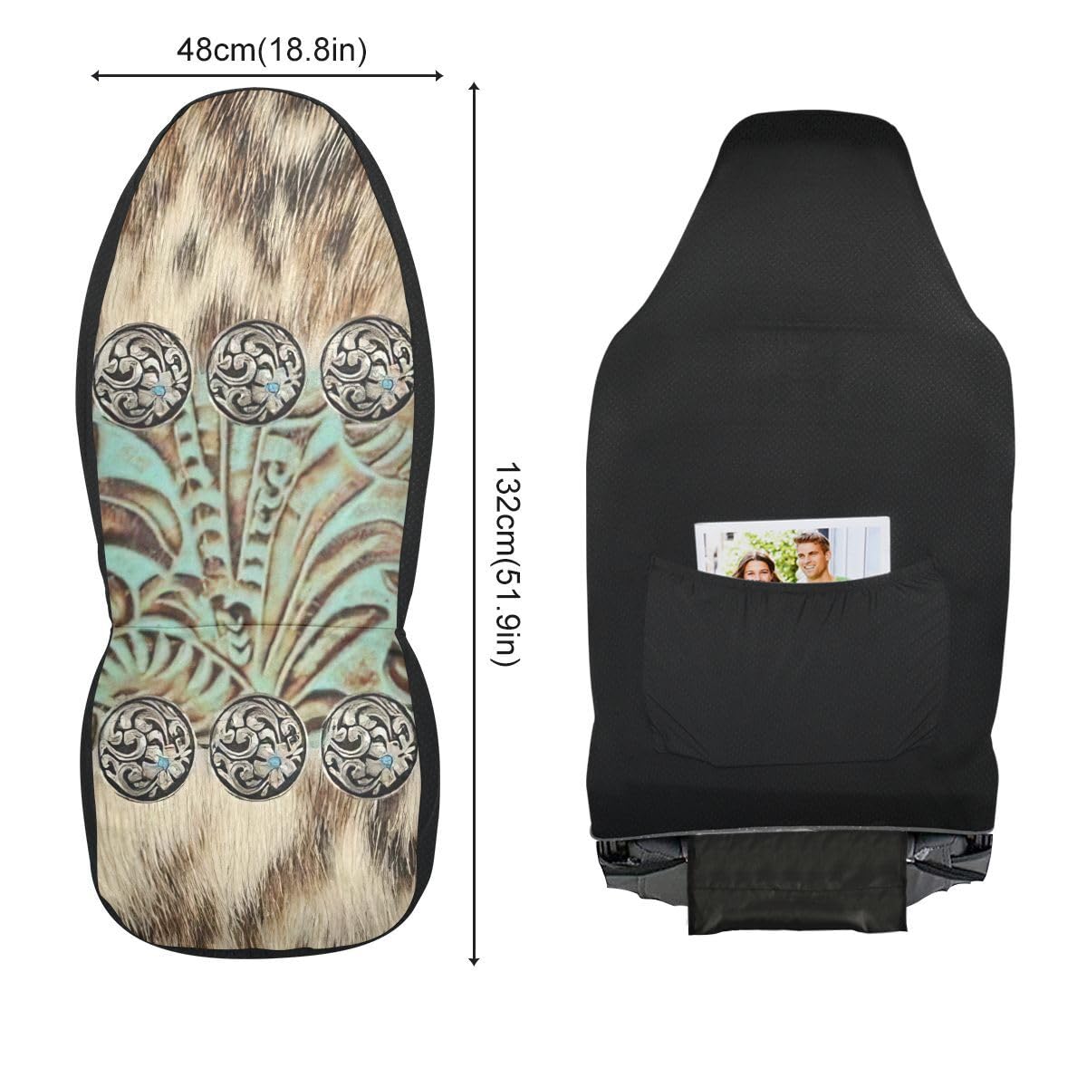 LONSANT Western Car Seat Covers Set of 2,Rustic Brown Beige Teal Western Country Cowboy Tooled Leather Universal Auto Front Seat