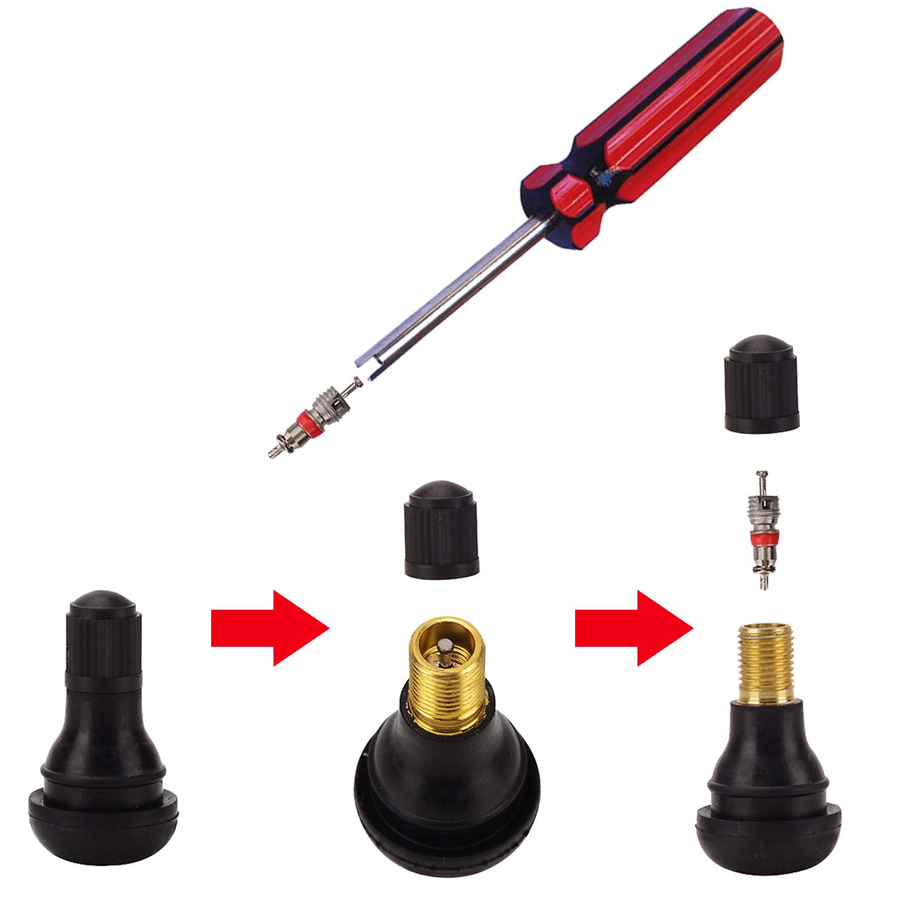 Febrytold Tire Valve Stem Tool Remover & Installation, 6 Pcs Tr412 Snap-In Valve Stems With Valve Stem Cores, 1 Pcs Single Head