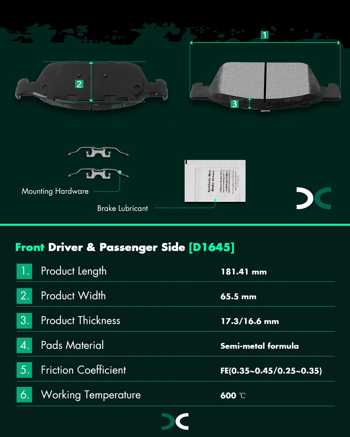 Scitoo D1645 Front Semi-Metal Brake Pads Sets - Fit For Ford Escape 2013-2019, Focus 2013-2018, Transit Connect 2014-2019, Linco