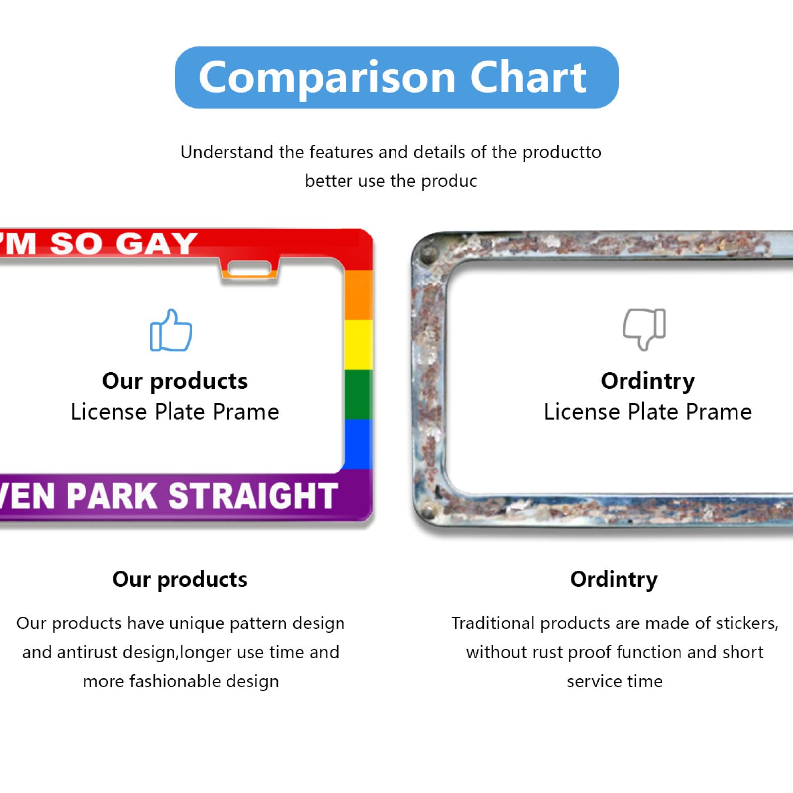 NEWCOCO Stainless Steel Gay License Plate Frame 12x6 Inch, Rustproof, "I'm So Gay I Can't Even Park Straight"