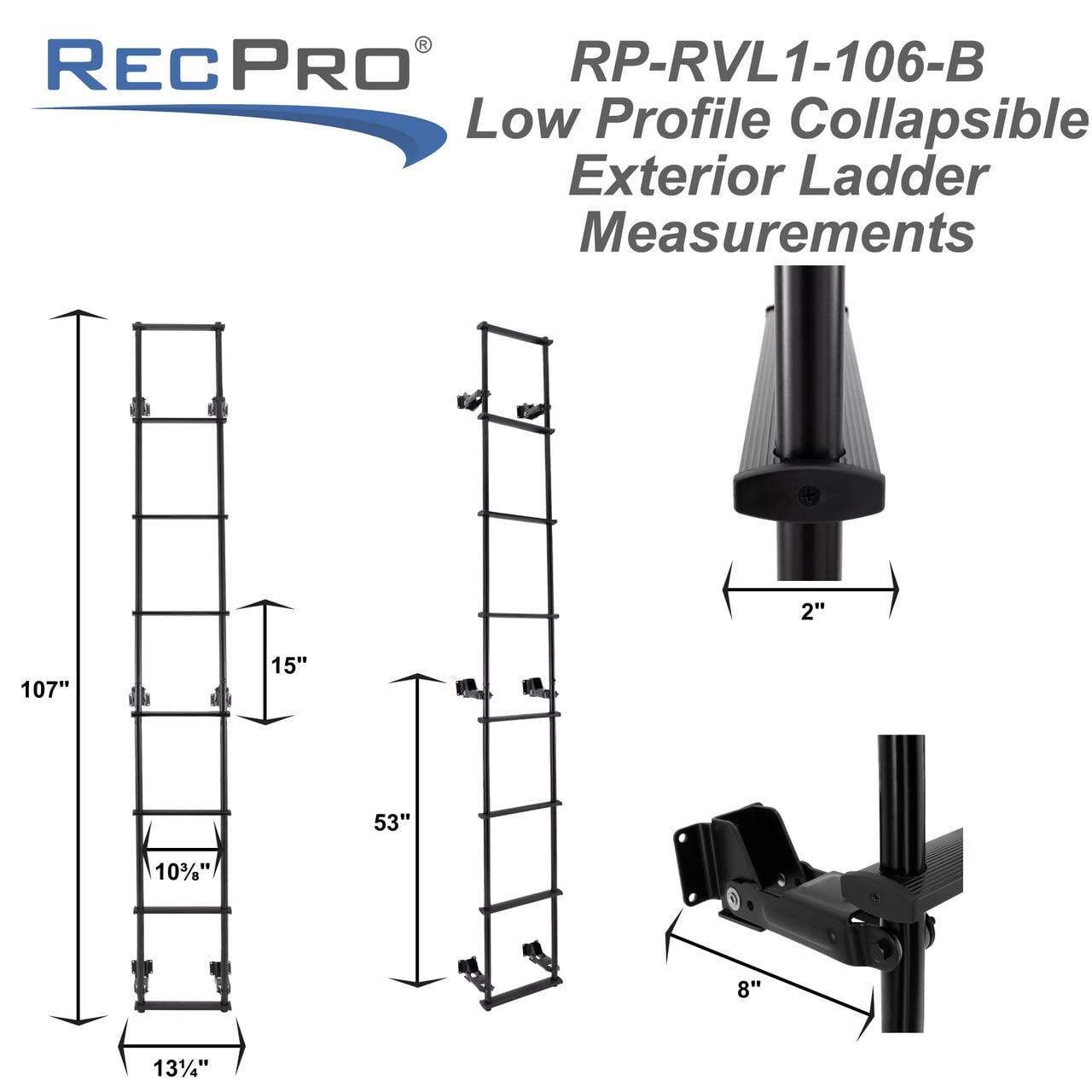 RecPro RV Toy Hauler Low Profile Universal 106.5 Collapsible Ladder with Hinges (Black)
