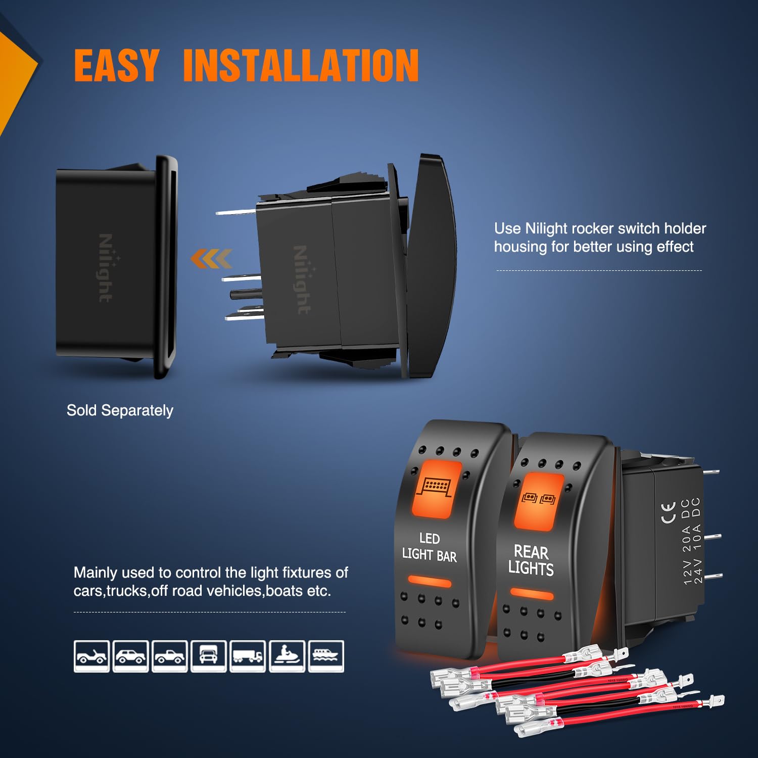 Nilight 2 Pack Utv Rear Lights Switch Led Light Bar On Off 5 Pin Spst Switches With Orange Backlit 12V 24V Toggle Jumper Wires S