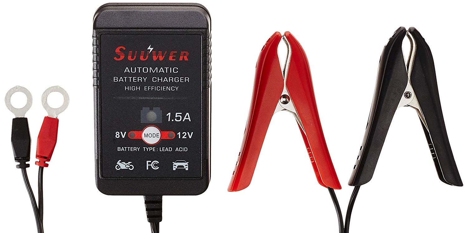 Suuwer 8V/12V 1.5A Automatic Battery Charger/Maintainer for Car, Motorcycle, Lawn Mower - SLA, AGM, Gel Cell, Wet Lead Acid Batteries,