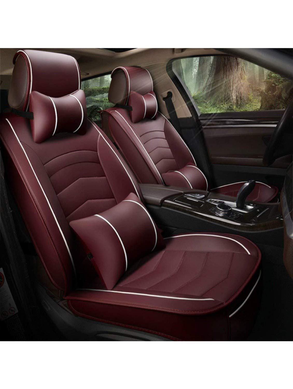 Hi Art Leatherette Custom Fit Front and Rear Car Seat Covers Compatible with Tata Nexon, (Maroon  White)