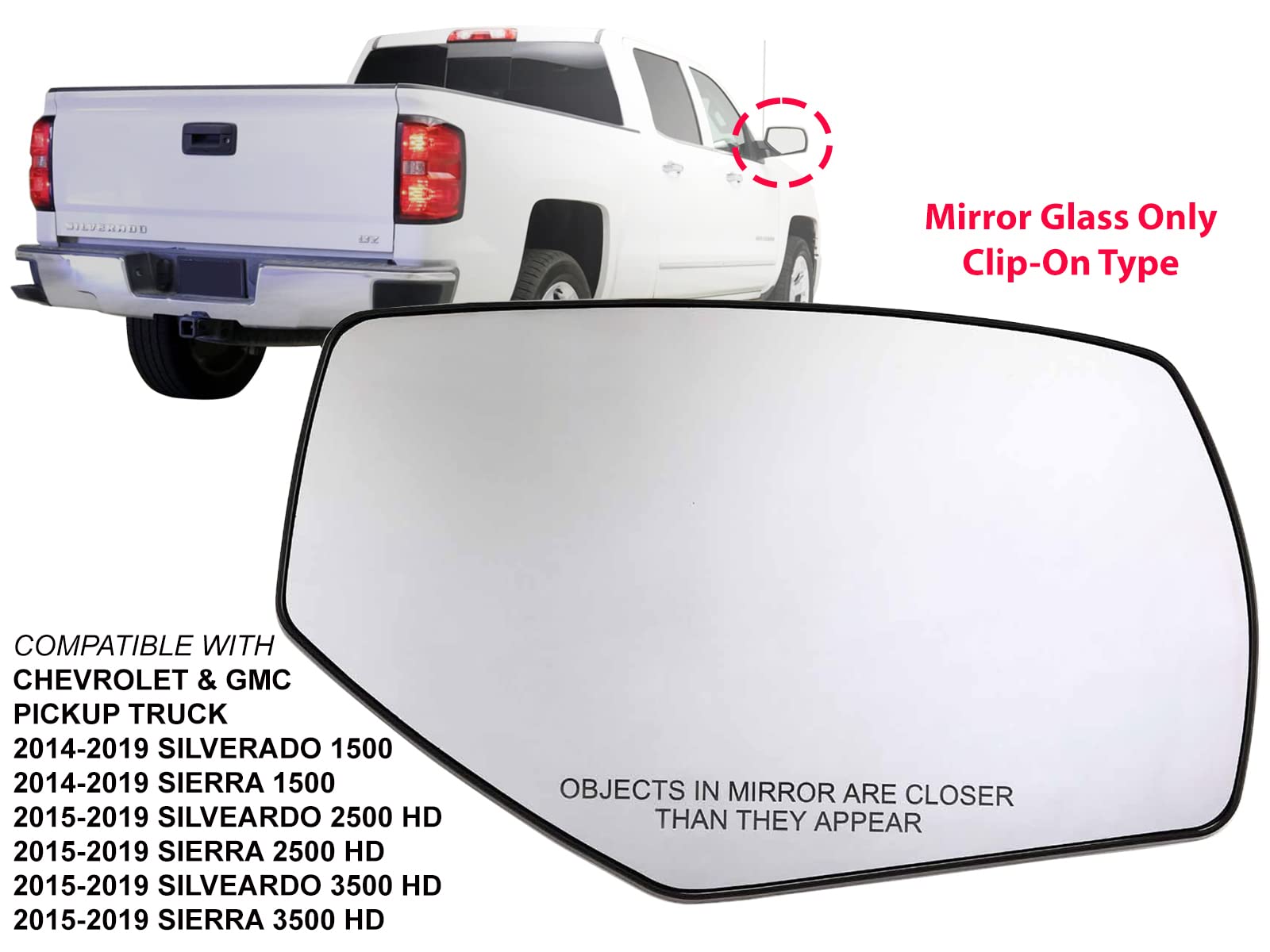Apa Replacement For Mirror Glass Non-Heated 2014-2019 Silverado Sierra Pickup Truck Passenger Right Side Gm1325144 22919743