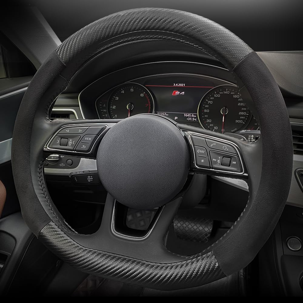 Carodi Suede Carbon Fiber Steering Wheel Cover - Non-Slip Leather, Fits Most Cars (15-Inch, Black, D-Shape)