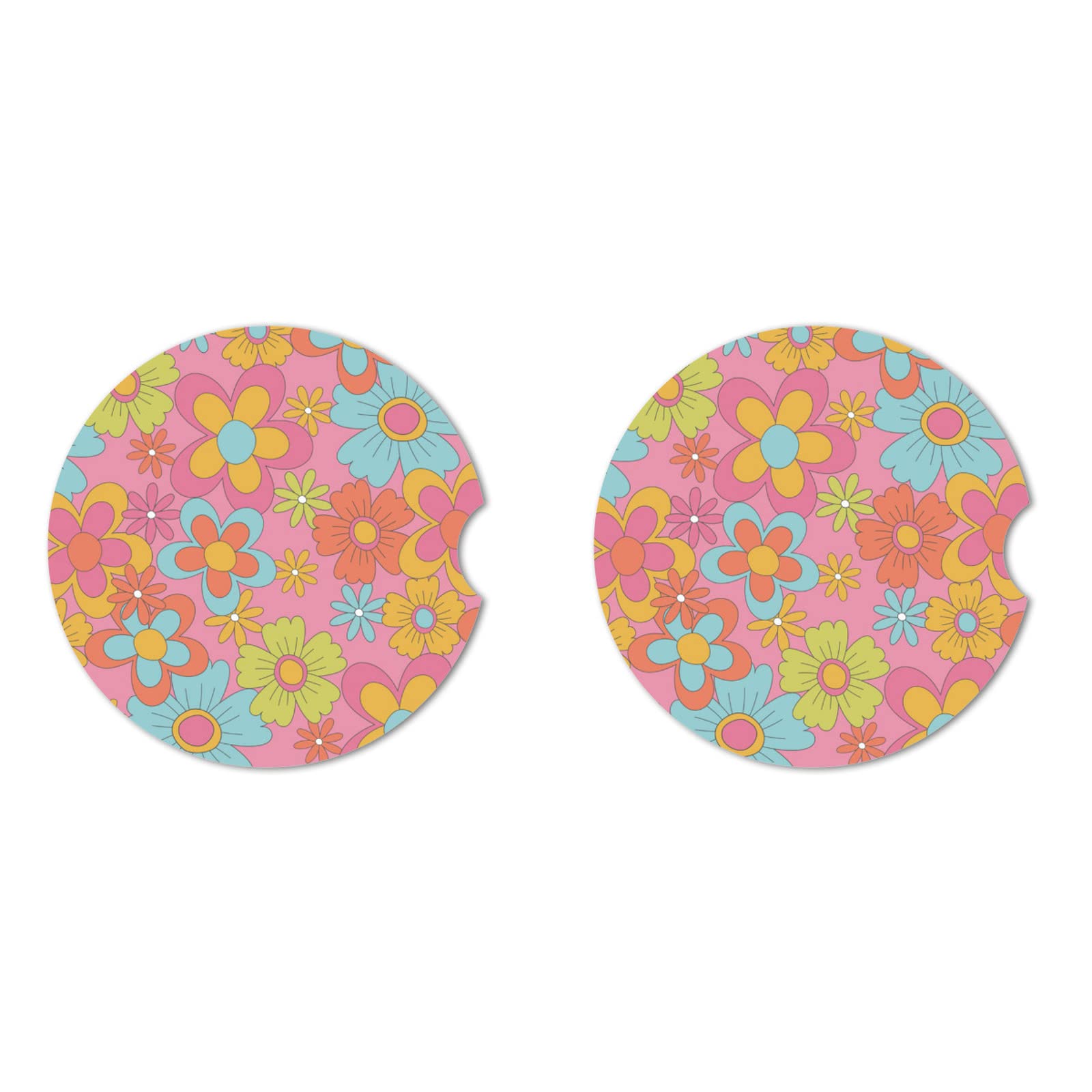 Vintage Pink Hippie Flower Absorbent Car Cup Coasters,Cup Holders,Cork Base Drink Coasters With Finger Notch For Easy Move Of Ca