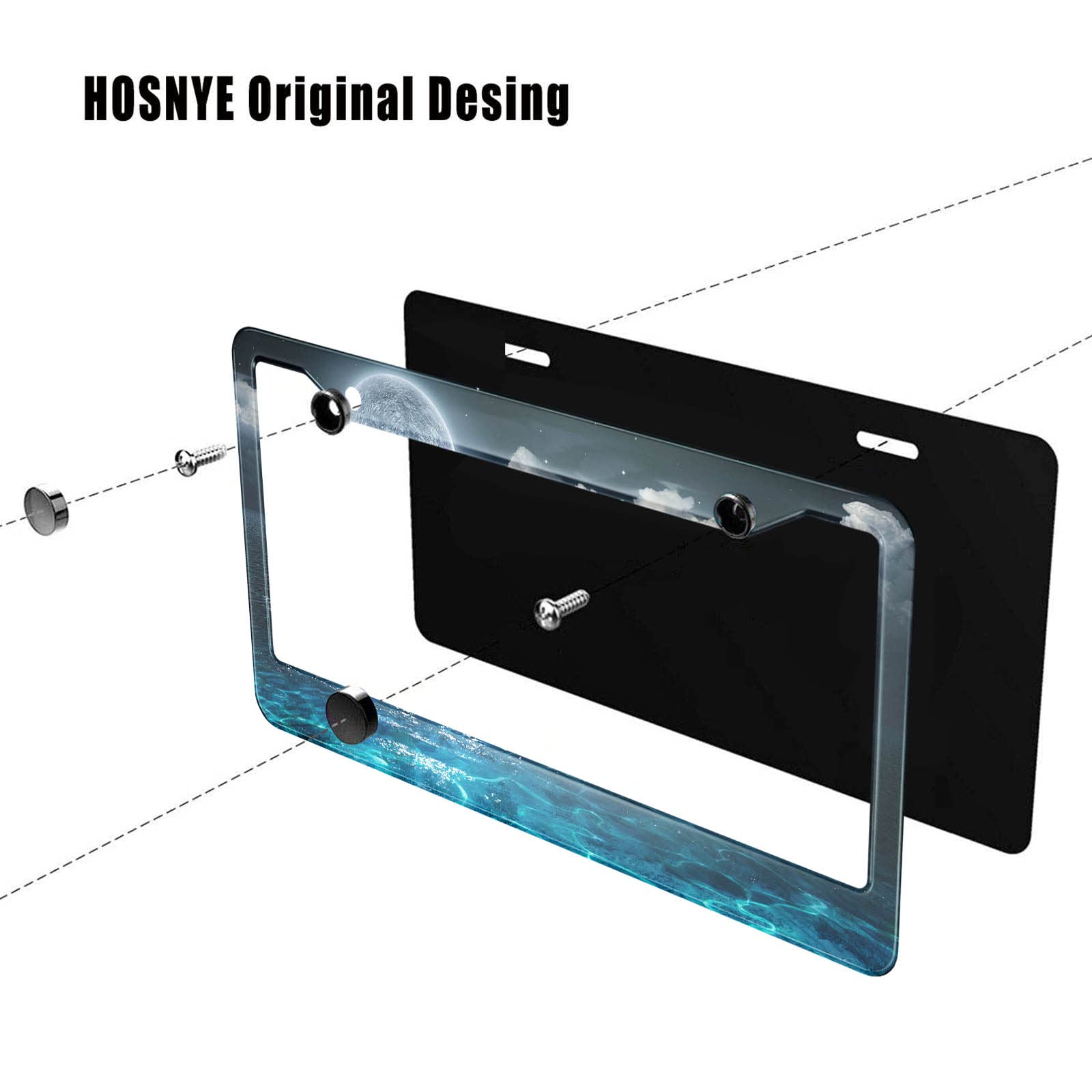 HOSNYE Full Moon on Sea License Plate Frame Night Romantic and Scenic Panorama Metal License Plate Cover Front Plates Frames Car