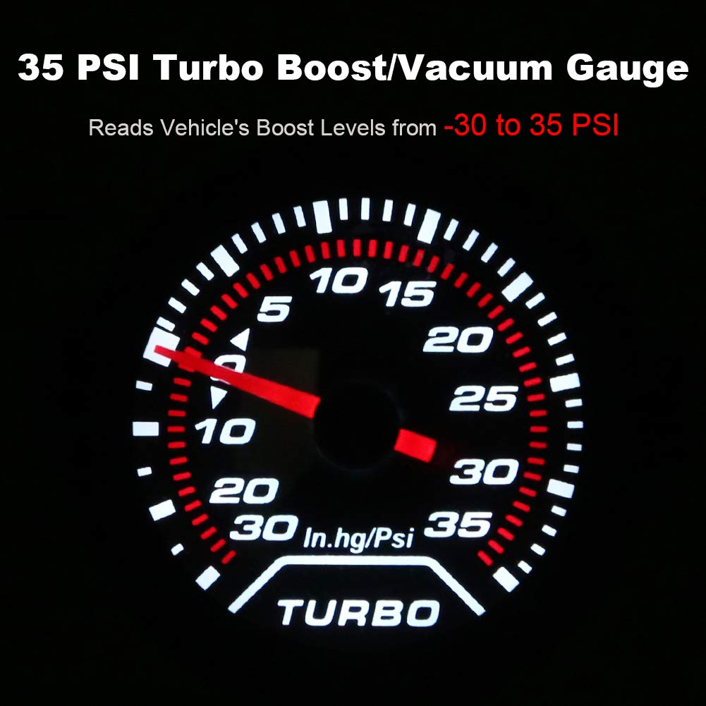 Waterwich 35 Psi Turbo Boost/Vacuum Gauge Meter Kit Includes Mechanical Hose & T-Fitting - Black Dial - Clear Lens 2'' 52Mm 12V