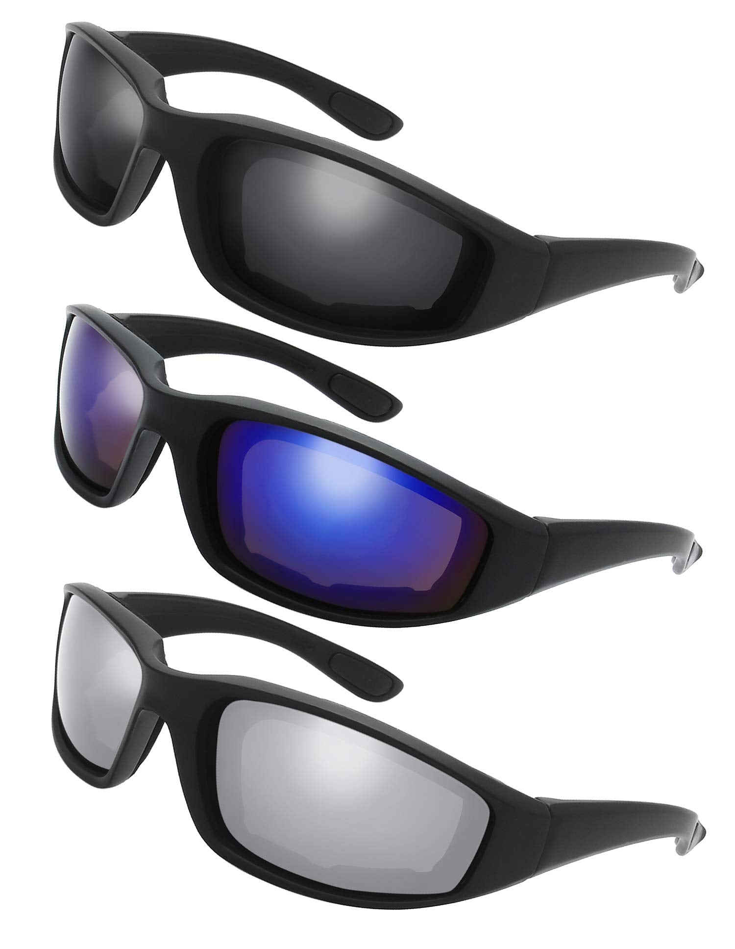 The Fresh Motorcycle Riding Glasses Padded Frame Lens Block 100% UVB for Outdoor Activity Sport (1403-Matte Black, Grey, Blue Mi