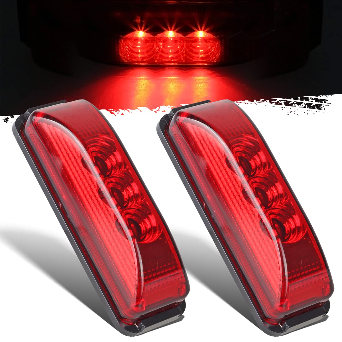 Partsam Pair 3.9'' Side Marker & Clearance Light Red Waterproof Black Base Mount 3LED, Sealed Thin Line LED Trailer Marker Clear