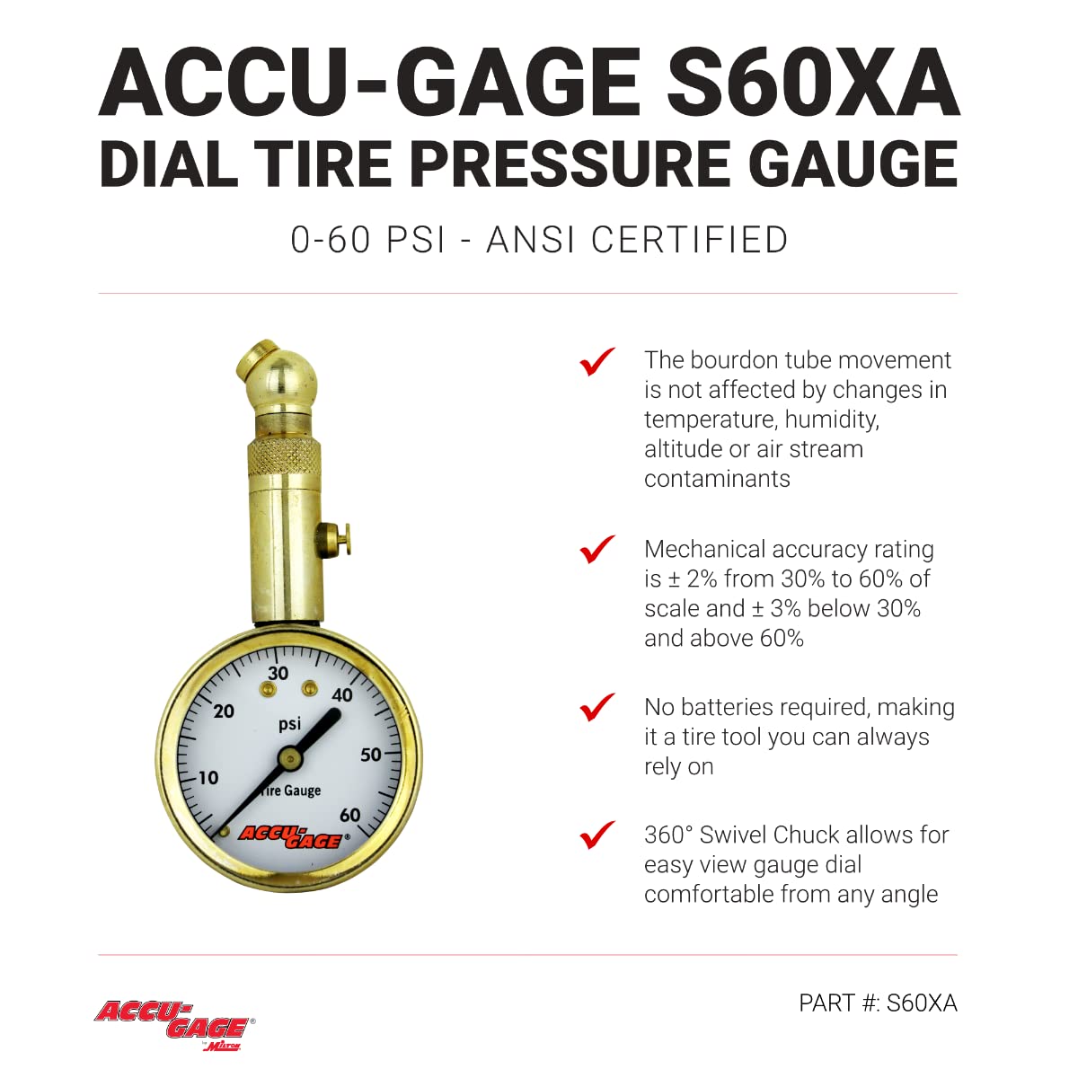 Accu-Gage by Milton Dial Tire Pressure Gauge with Swivel Angle Air Chuck - ANSI Certified for Motorcycle/Car/Truck Tires (0-60 PSI)