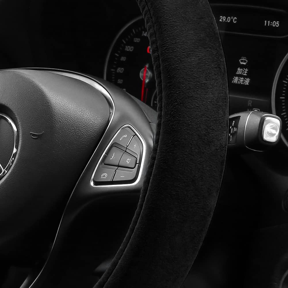 Otostar Soft Velvet Steering Wheel Cover, Universal Luxury Steering Wheel Protector Car Interior Accessories 15 Inch (Black)