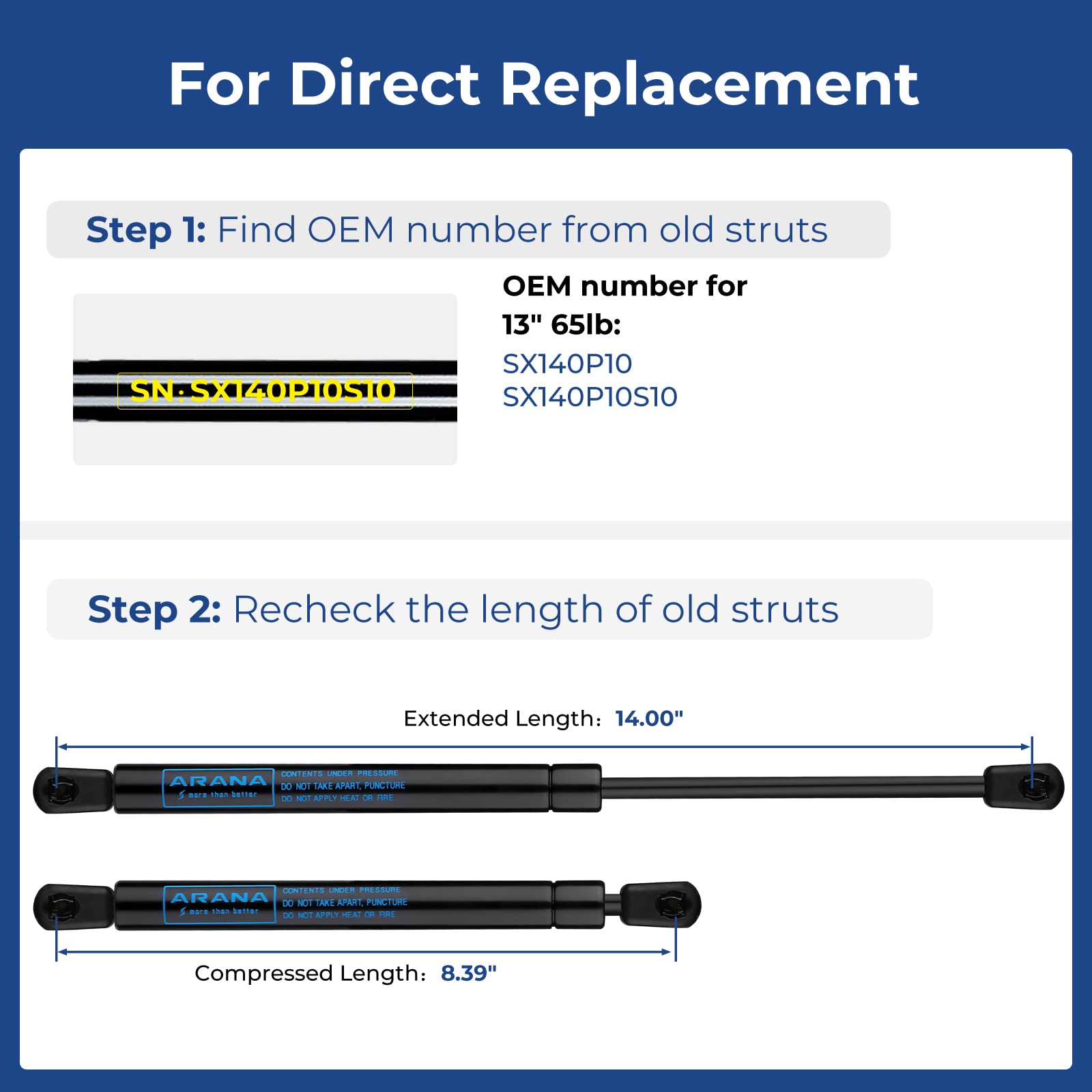 Arana Sx140P10 14 Inch 10Lb Gas Struts Spring Shocks Sx140P10S10 Lift Support For Tool Box Lid Camper Shell Window Truck Cap Cab
