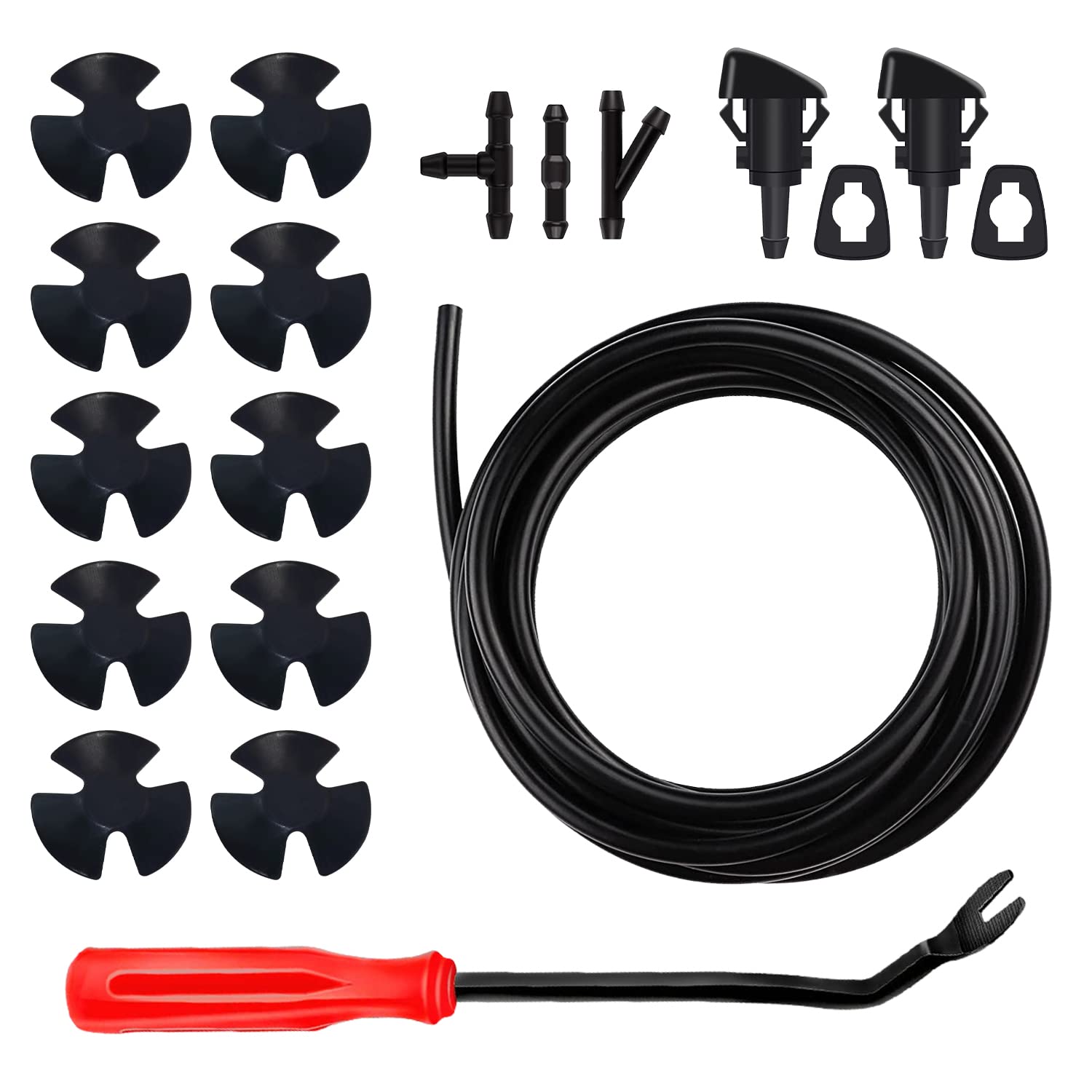 Windshield Washer Nozzles Hose Kit-4M Washer Fluid Hose,3 Pcs Hose Connectors,10 Hood Insulation Retainers,Washer Spray Nozzle O