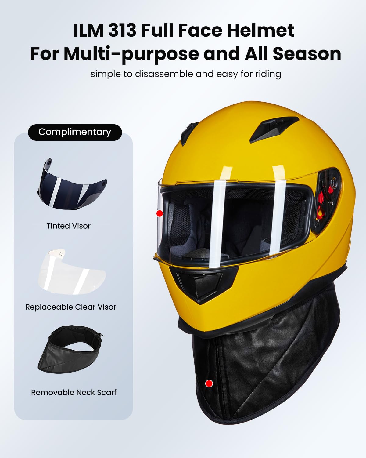 Ilm Full Face Motorcycle Street Bike Helmet With Removable Winter Neck Scarf + 2 Visors Dot Model-Jk313 (S, Yellow)