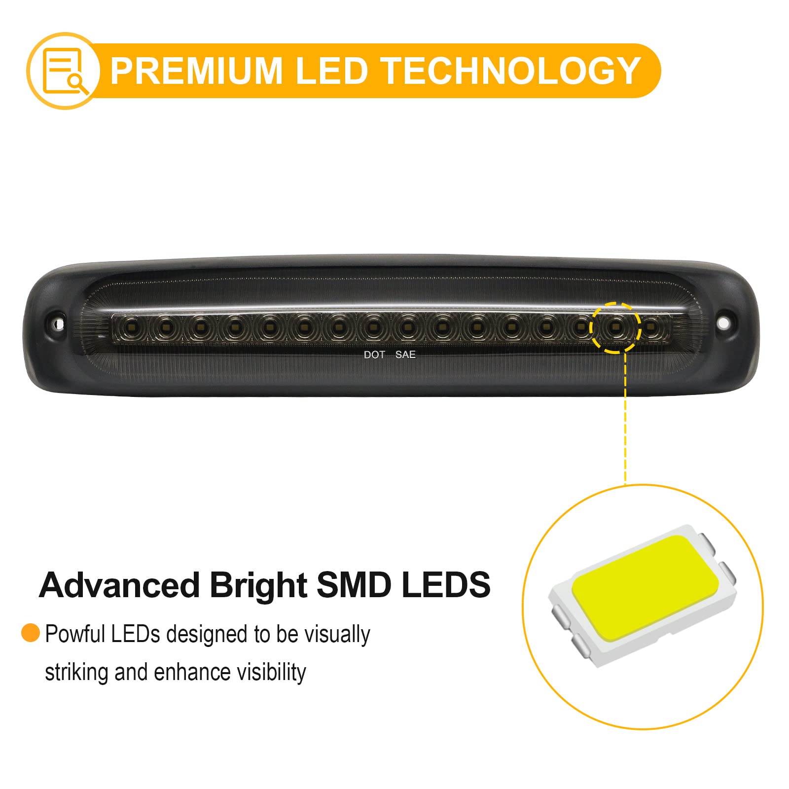 R&F Auto Led Smoked Third Brake Light With Seal Foam Gaskets Replacement For Silverado & Sierra 1500/2500/3500 Hd Classic (1999-
