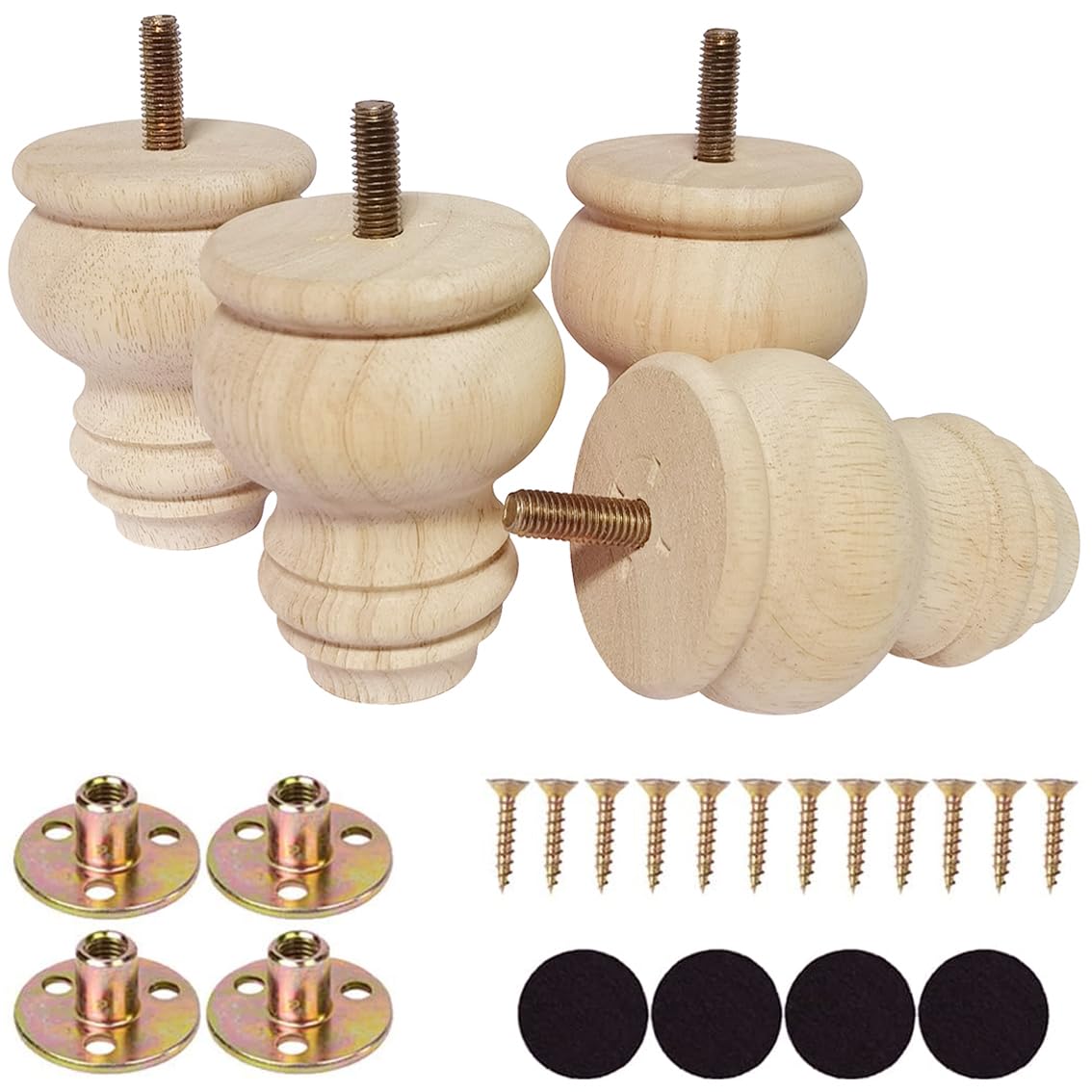 Btibpse 2 3 4 Inch Wooden Furniture Legs, Solid Wood Unpainted Replacement Furniture Legs, Ottoman/Loveseat Replacement Legs, Cabinet Legs/Desk/Sofa/Bookcase Round Bun Feet Set Of 4 (3 Inch)