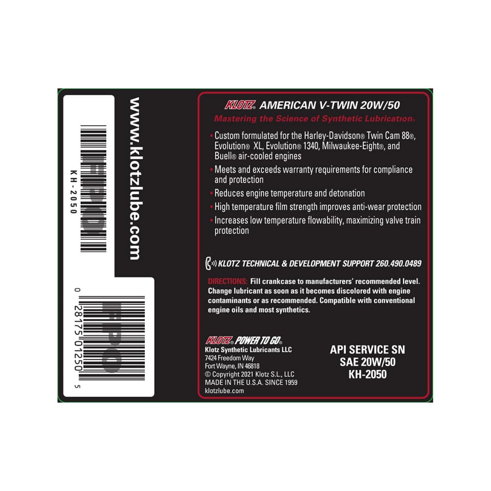 Klotz 20W/50 Synthetic Motor Oil Change Kit for Twin Cam 1999-2018 & Milwaukee-Eight 2017-2024 (5-Quart Premium Kit)