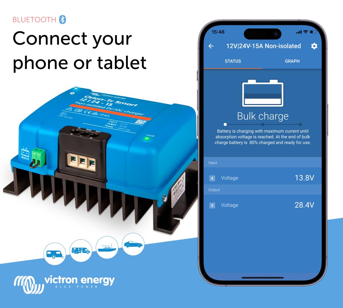 Victron Energy Orion-Tr Smart Dc To Dc Charger (Bluetooth) - 12/24-Volt 15 Amp 360-Watt - Battery Charger For Dual Battery Systems - Non-Isolated