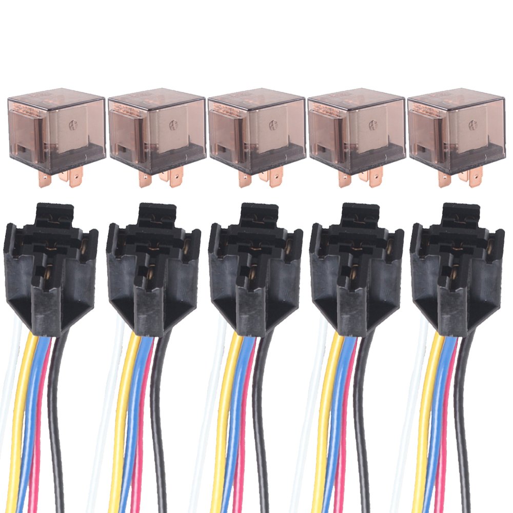 Esupport Car Universal Transparent Relay 12V 80A Spdt 5Pin Switch Wire Socket Plug Harness Kit Pack Of 5