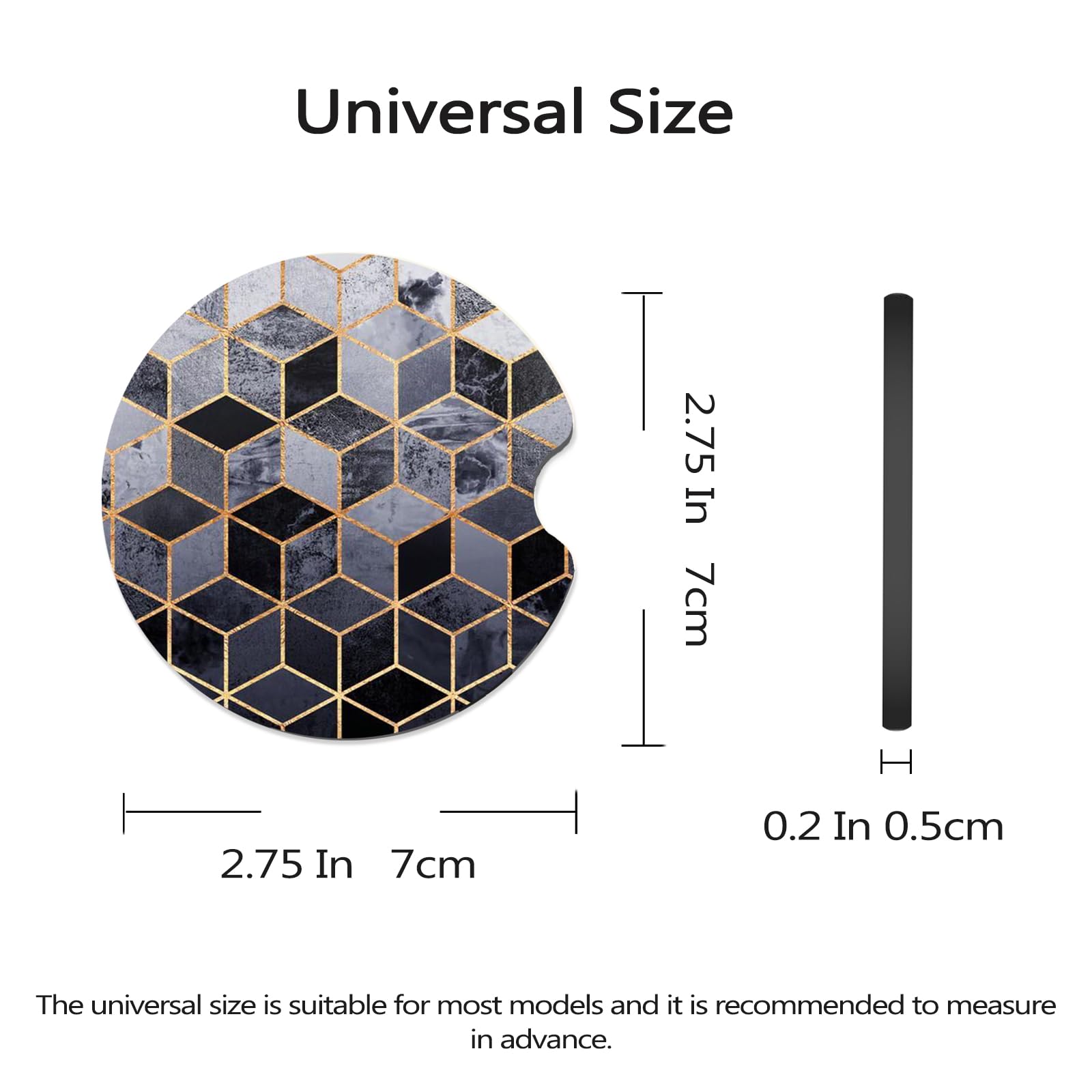FJyuanqi Car Coasters for Cup Holders, 2 Pack Anti Slip Universal Rubber Cup Coaster - Geometric Black Gold Marble